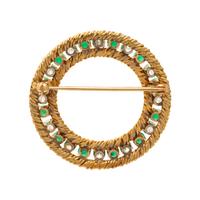 Emerald, Diamond, and Yellow Gold Circle Brooch