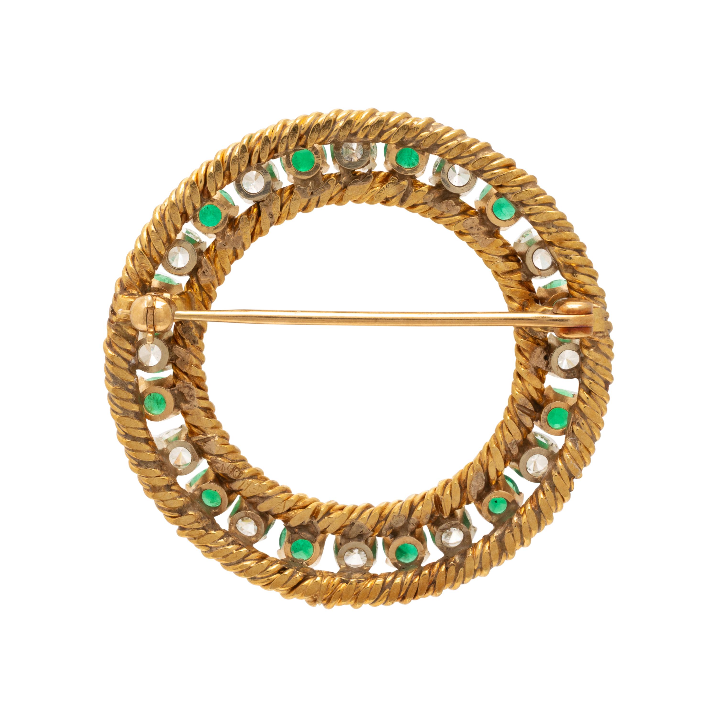 Emerald, Diamond, and Yellow Gold Circle Brooch