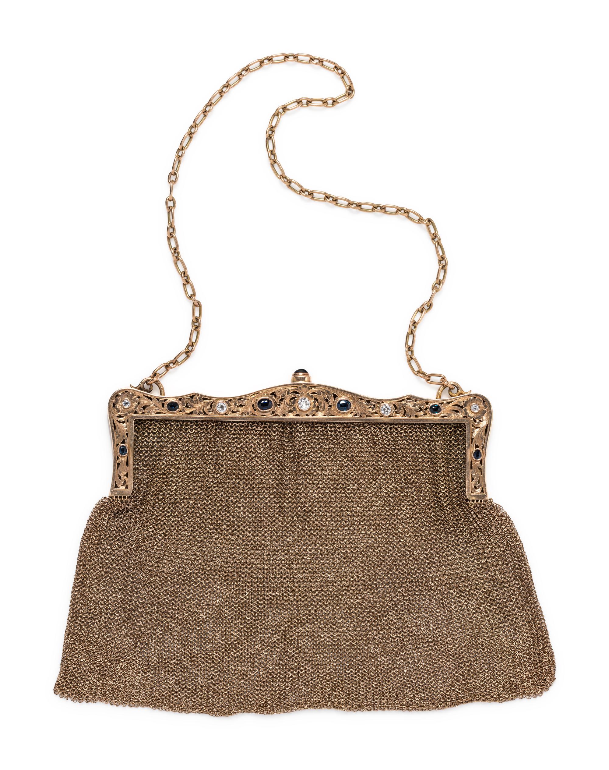YELLOW GOLD, DIAMOND AND SAPPHIRE MESH PURSE