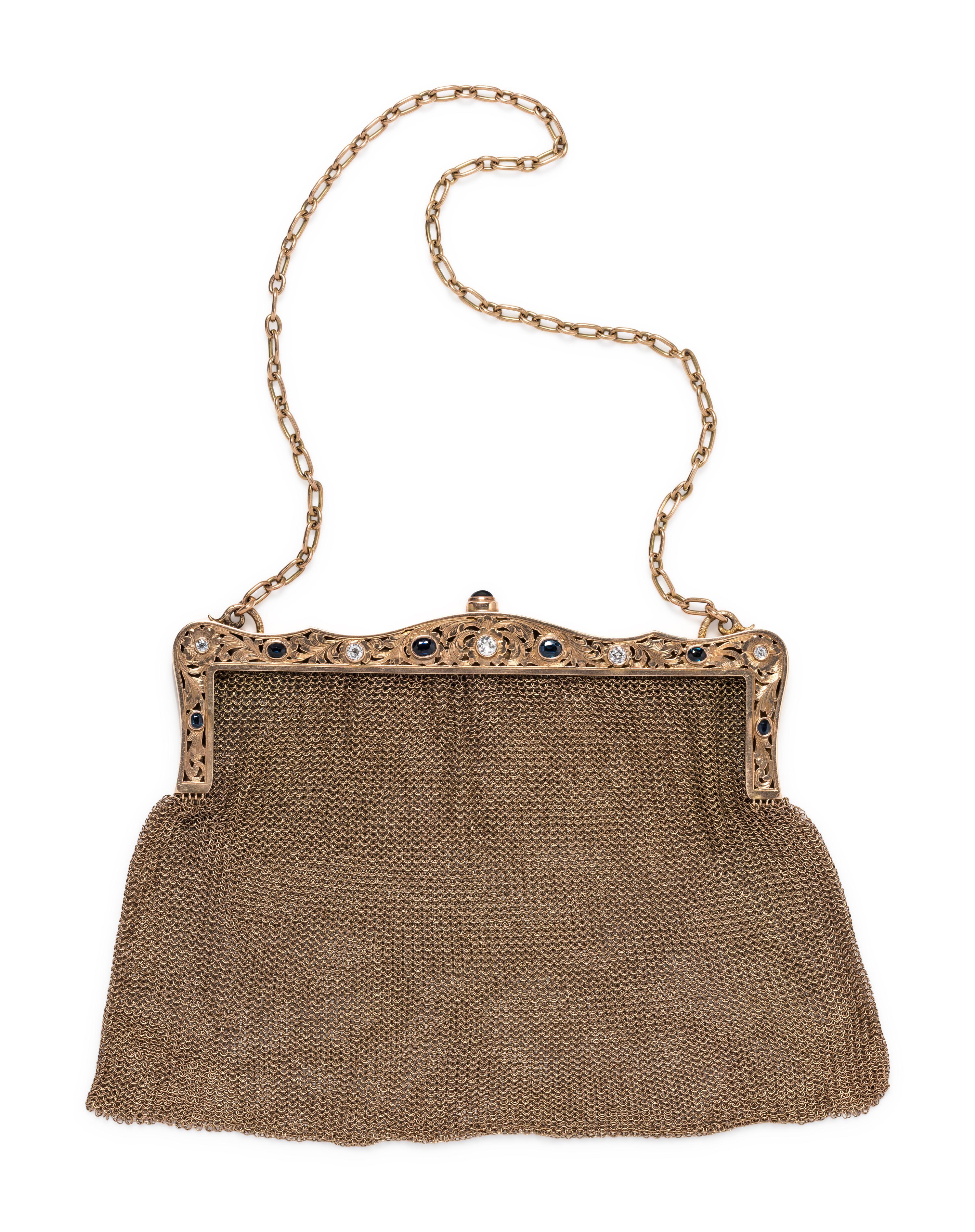 YELLOW GOLD, DIAMOND AND SAPPHIRE MESH PURSE