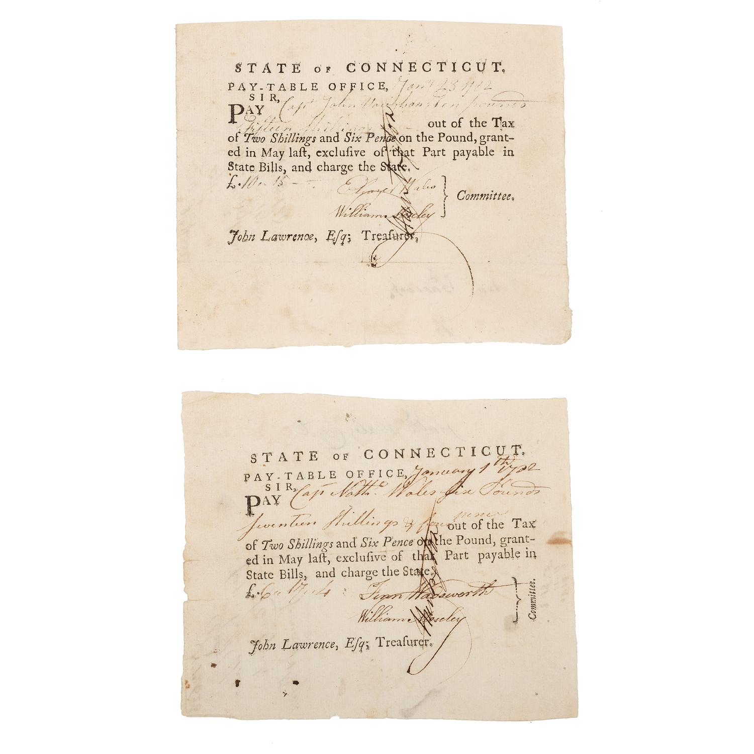 [REVOLUTIONARY WAR]. MOSELEY, William, Fenn Wadsworth and Eleazer Wales; Pair of Connecticut Pay-Table documents, 1782.