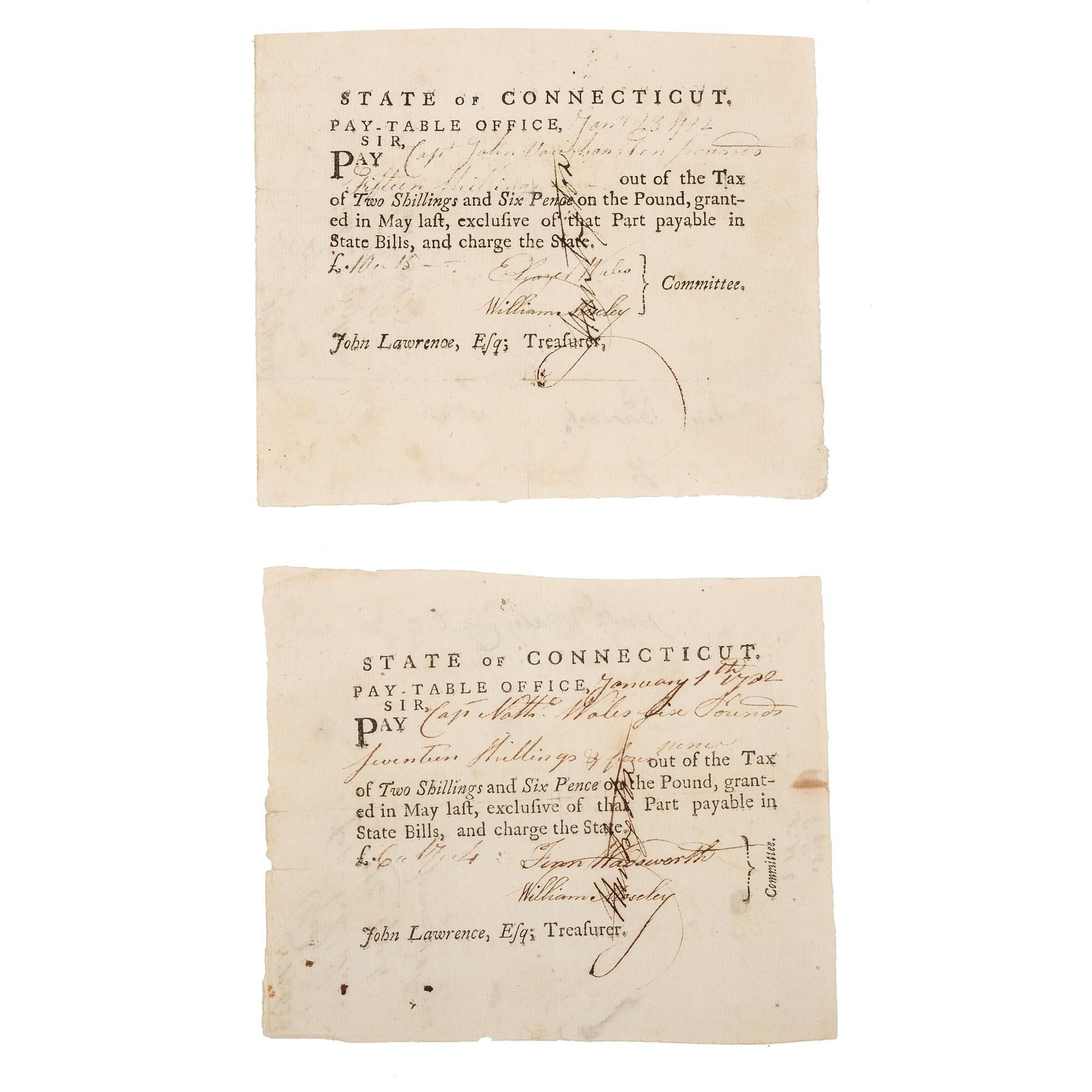 [REVOLUTIONARY WAR]. MOSELEY, William, Fenn Wadsworth and Eleazer Wales; Pair of Connecticut Pay-Table documents, 1782.