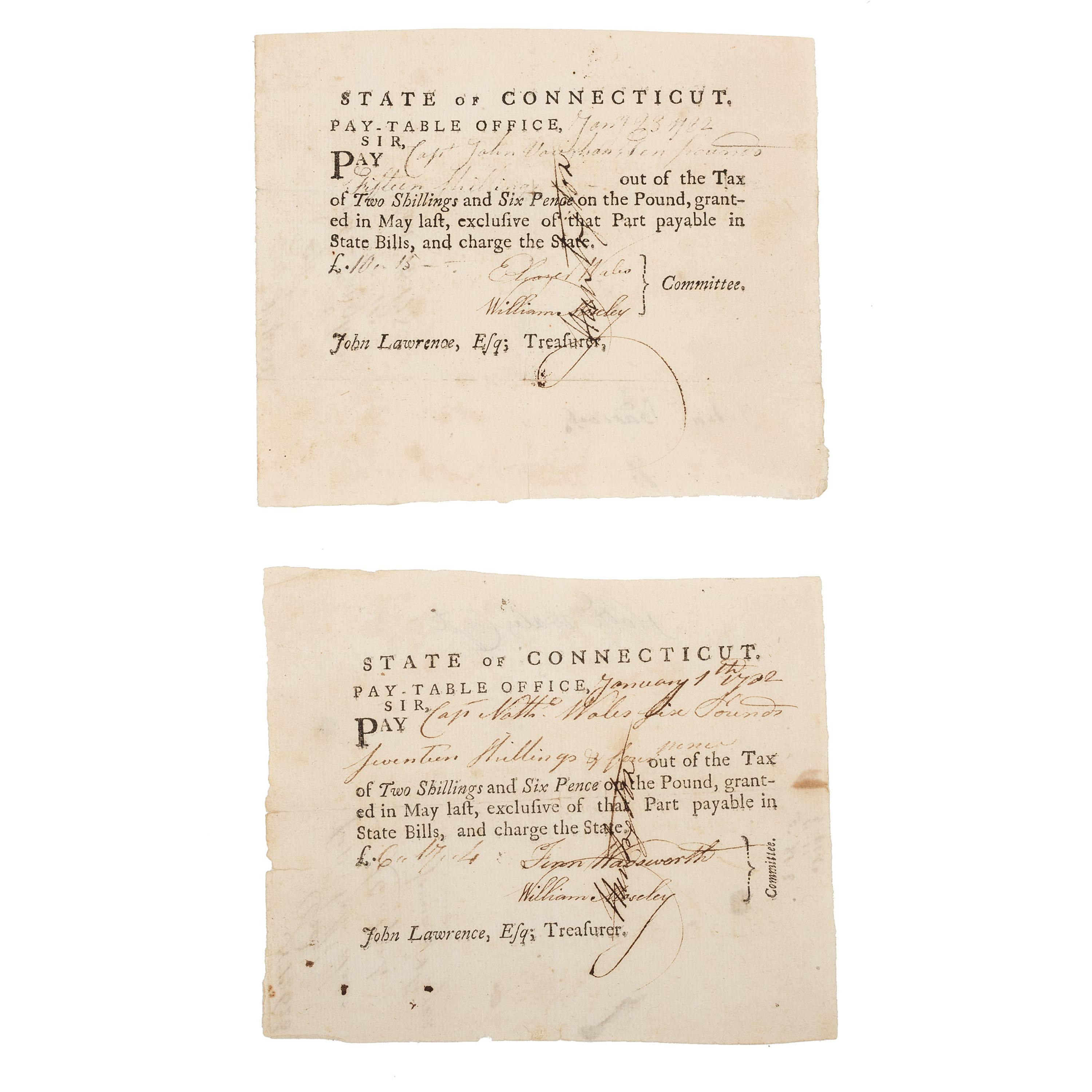[REVOLUTIONARY WAR]. MOSELEY, William, Fenn Wadsworth and Eleazer Wales; Pair of Connecticut Pay-Table documents, 1782.