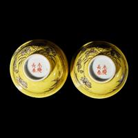 A Pair of Chinese Yellow Ground Porcelain Cups, 20th Century 近代 黃地墨彩花鳥圖盃一對