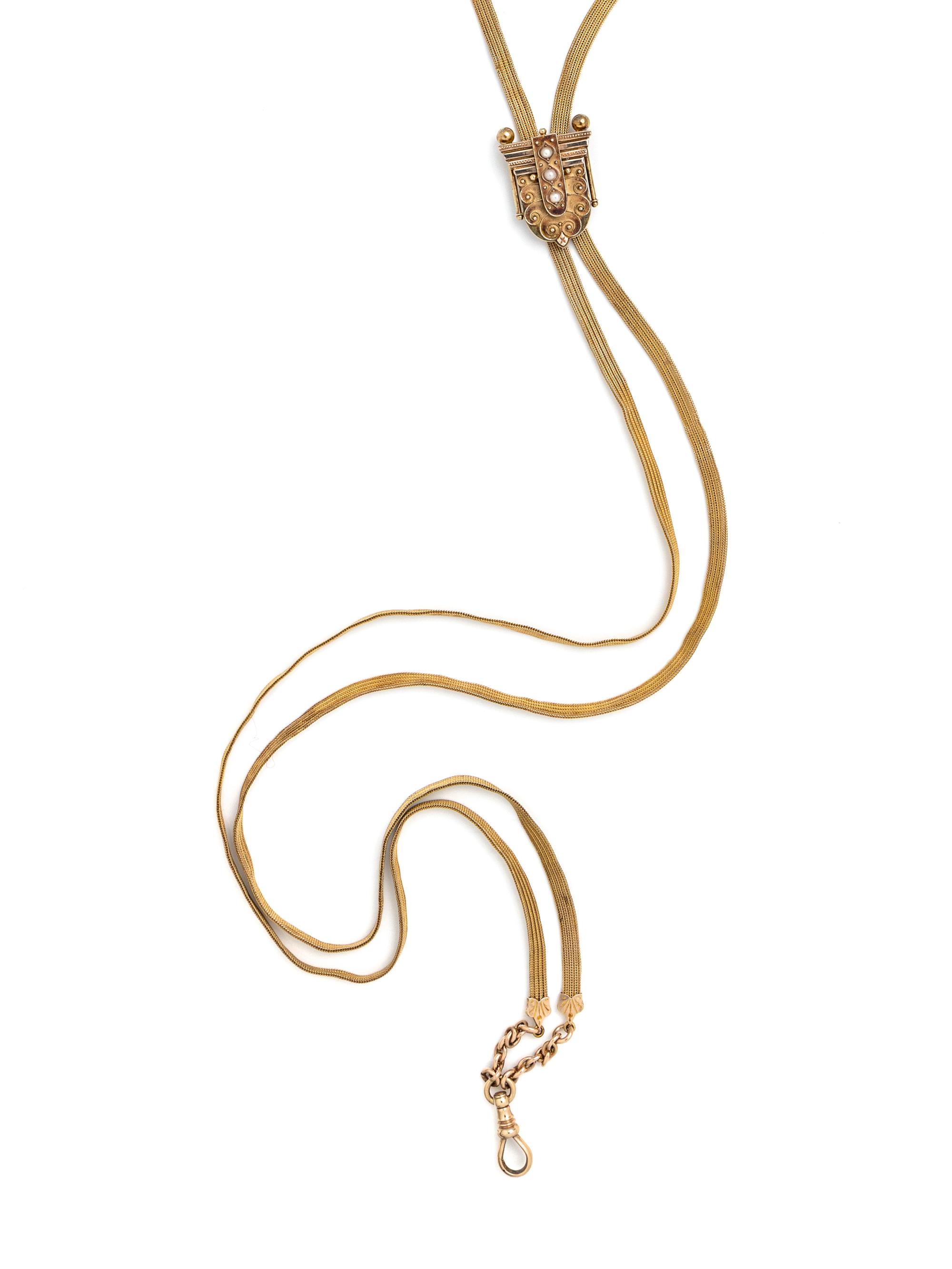 VICTORIAN, YELLOW GOLD CHAIN WITH SEED PEARL SLIDE