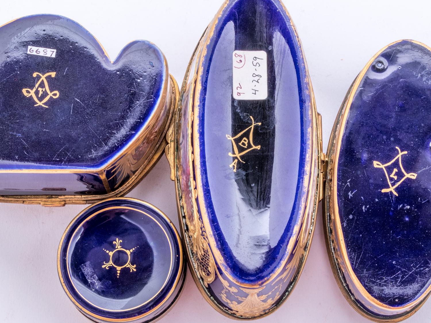 Four Sèvres Style Gilt Metal Mounted Painted and Parcel Gilt Porcelain Boxes