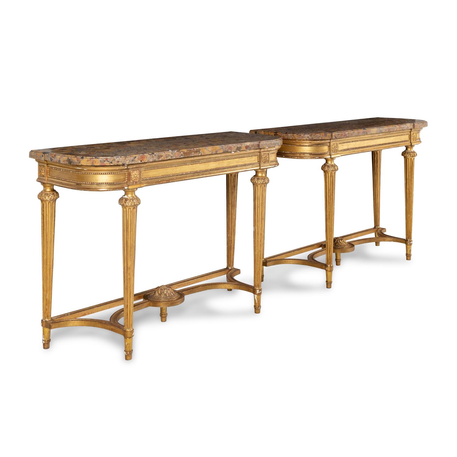 A Pair of Louis XVI Style Giltwood and Marble-Top Console Tables