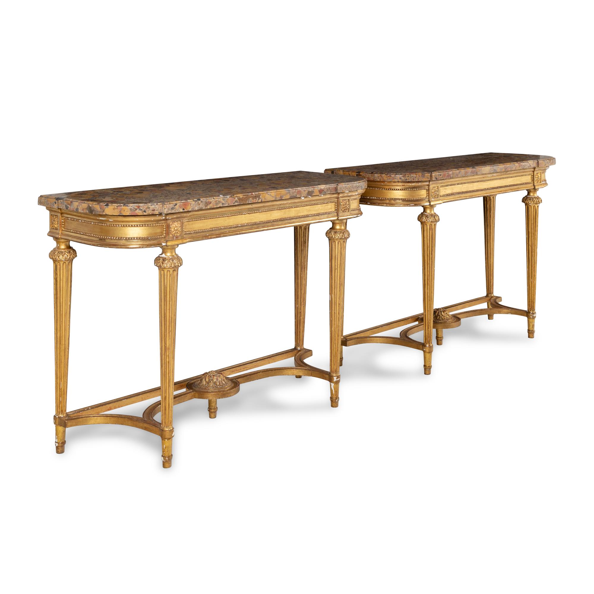 A Pair of Louis XVI Style Giltwood and Marble-Top Console Tables