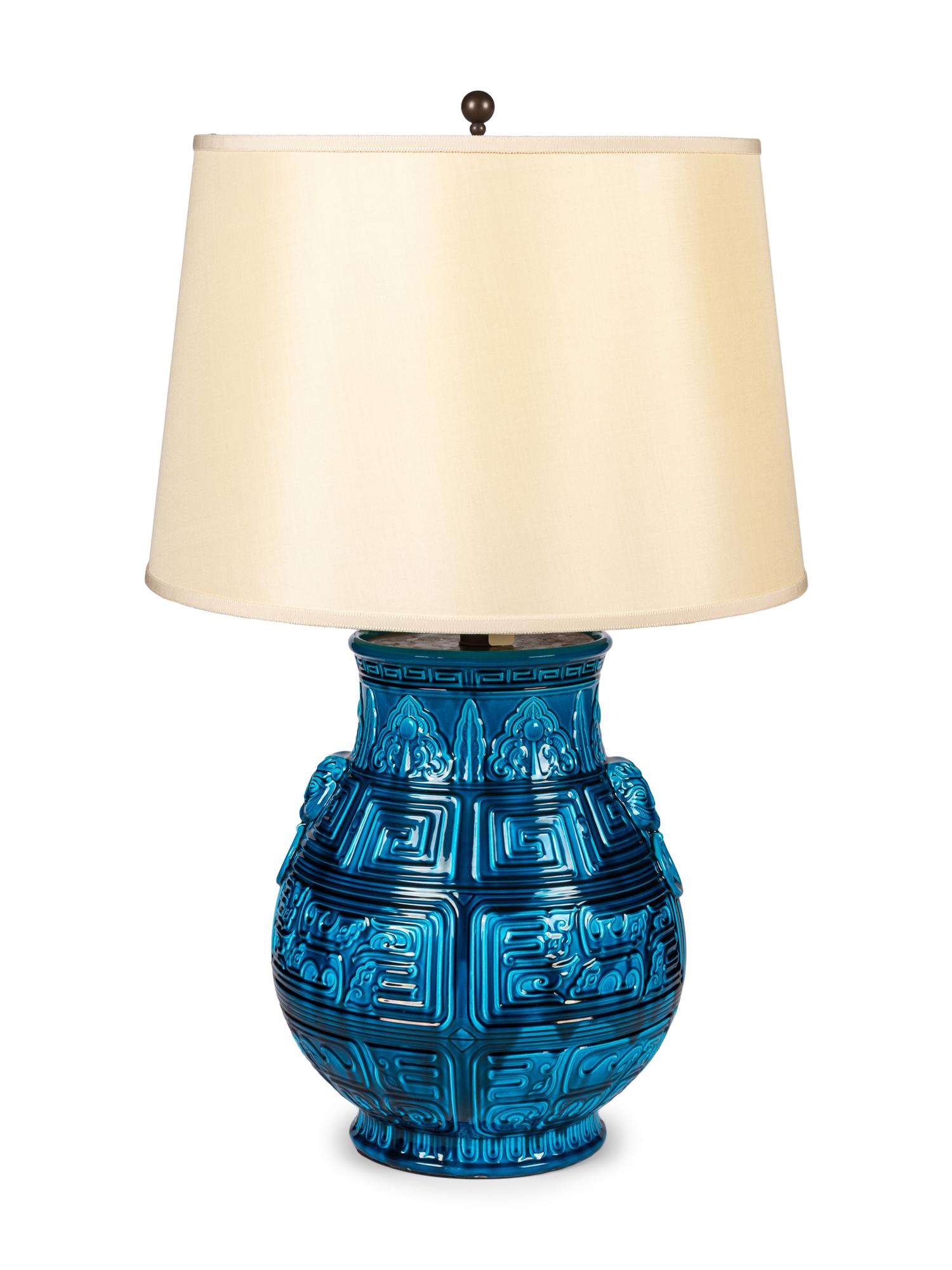 An Archaic Style Turquoise-Glazed Pottery Vase Mounted as a Lamp
