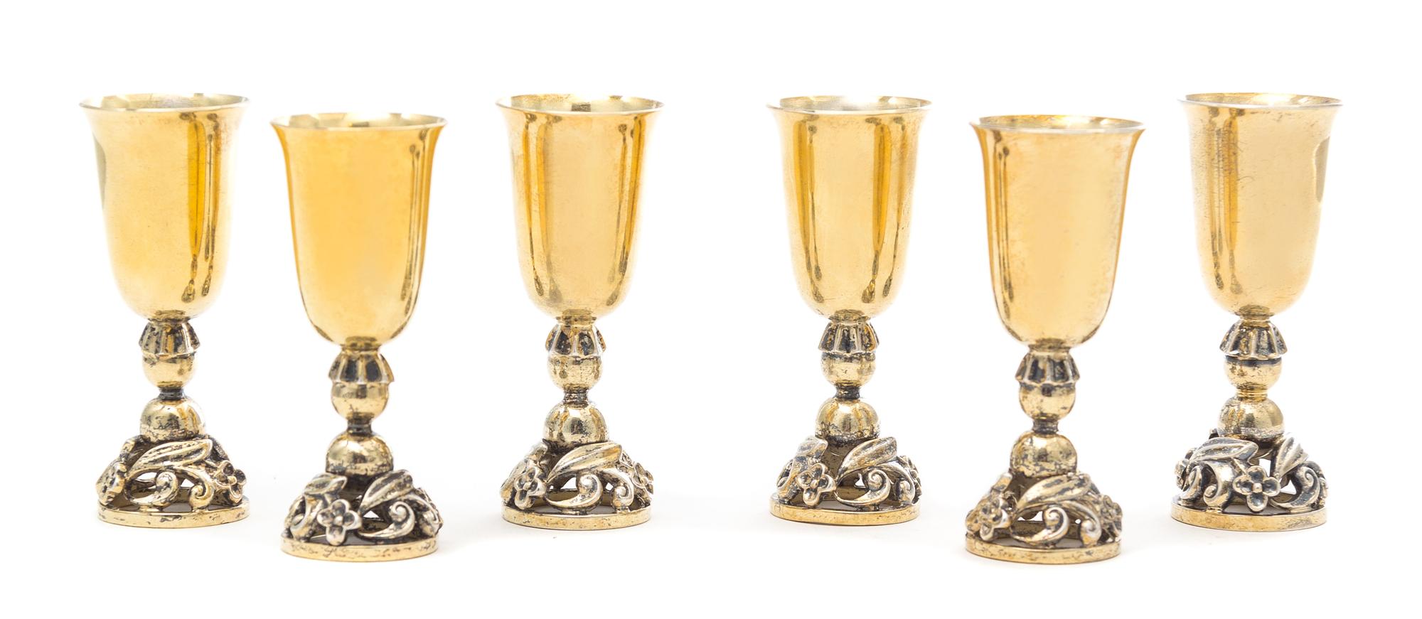 A Set of Six American Silver-Gilt Cordials, Alphonse LaPaglia for International Silver Co., Meriden, CT, Second Half 20th Century, the
