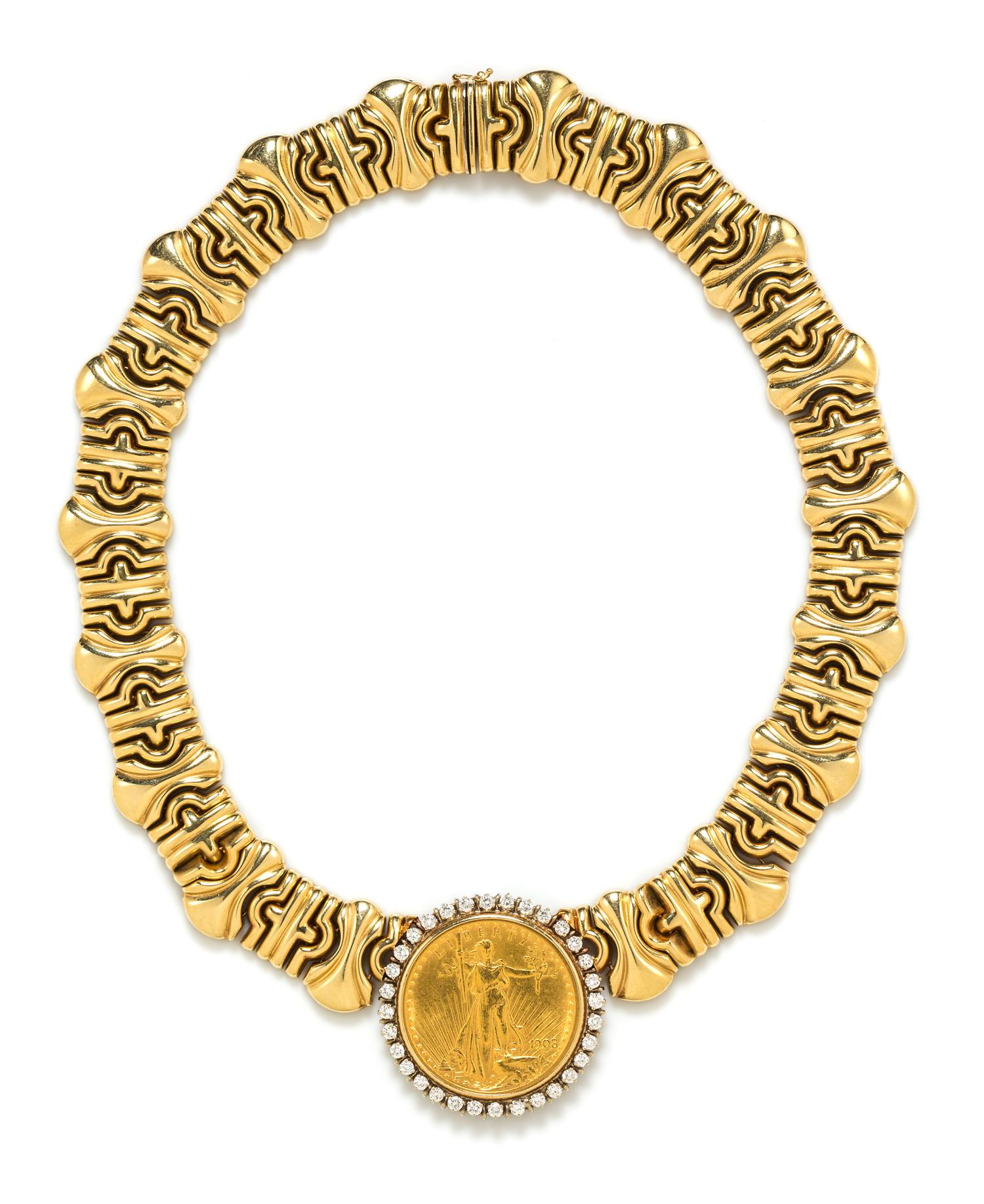 A 14 Karat Yellow Gold, US $20 St. Gauden's Gold Coin and Diamond Necklace, 97.20 dwts.
