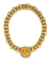 A 14 Karat Yellow Gold, US $20 St. Gauden's Gold Coin and Diamond Necklace, 97.20 dwts.