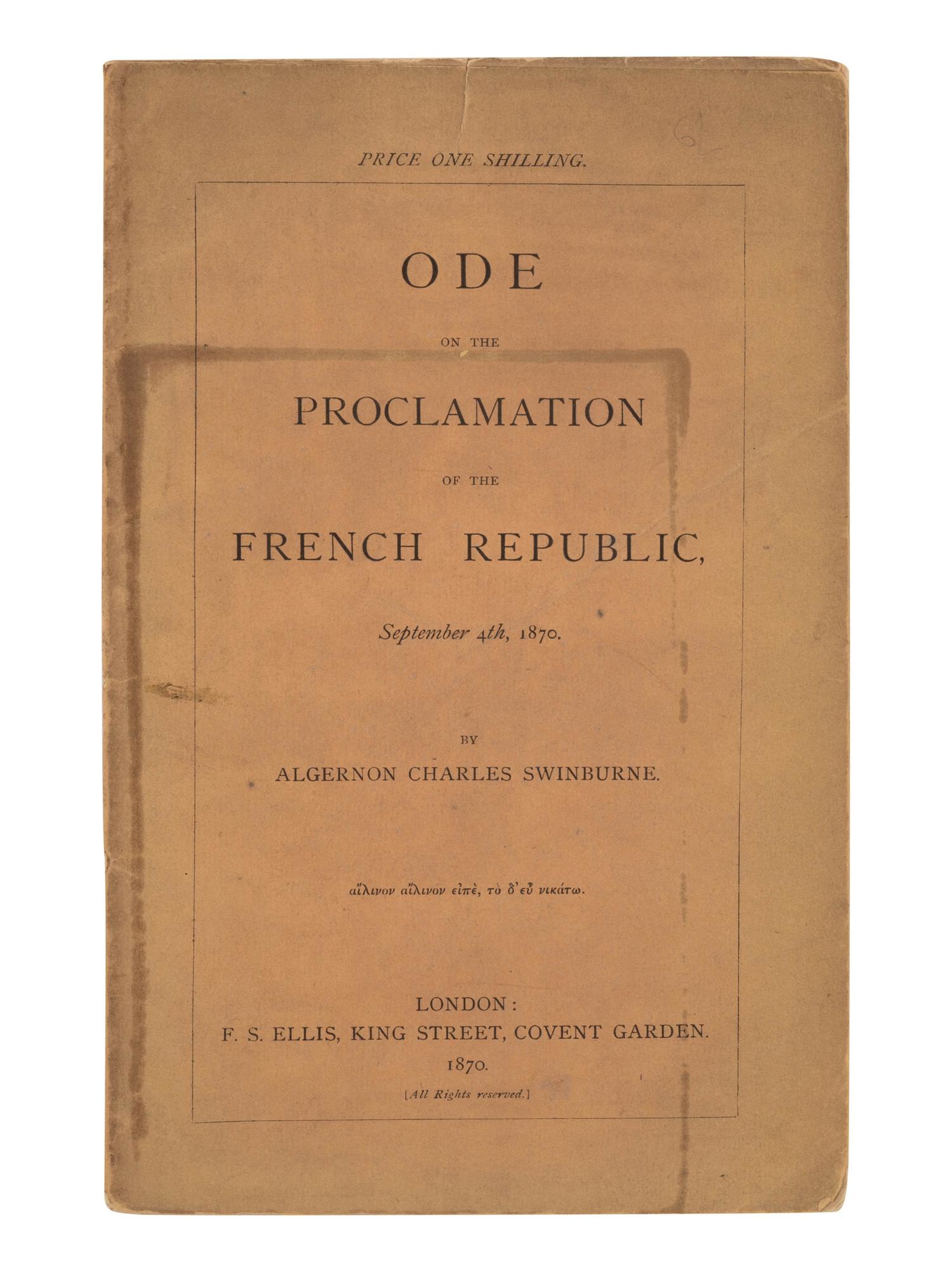 SWINBURNE, Algernon Charles (1837-1909). A group of 5 pamphlets comprising:
