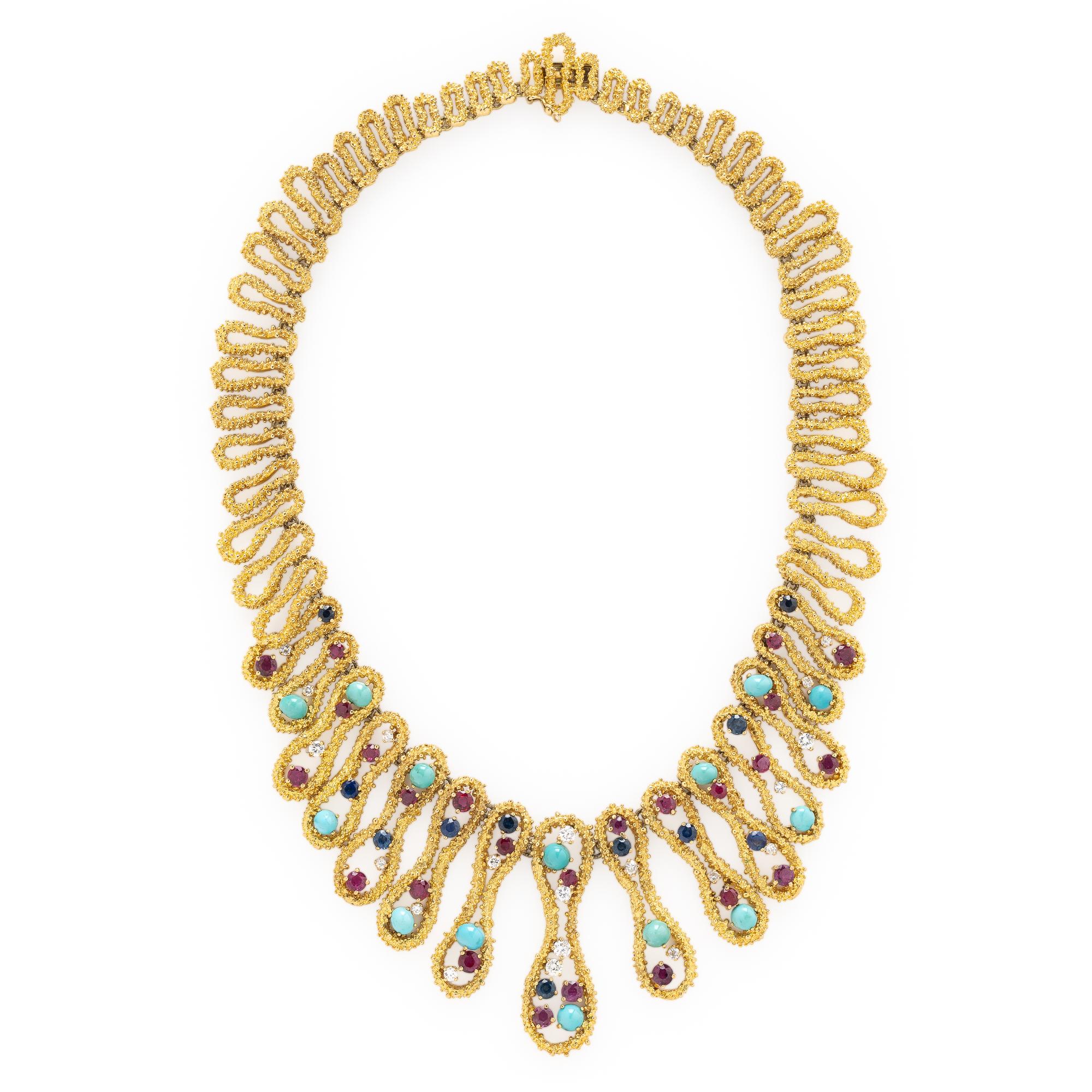 YELLOW GOLD, TURQUOISE, RUBY, SAPPHIRE, AND DIAMOND NECKLACE