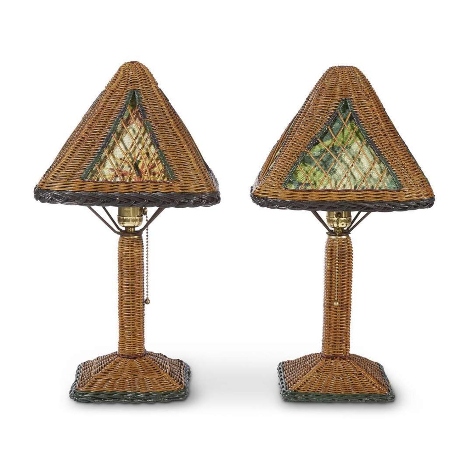 A pair of polychrome painted wicker and fabric-lined table lamps american, circa 1900