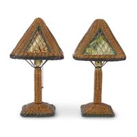 A pair of polychrome painted wicker and fabric-lined table lamps american, circa 1900