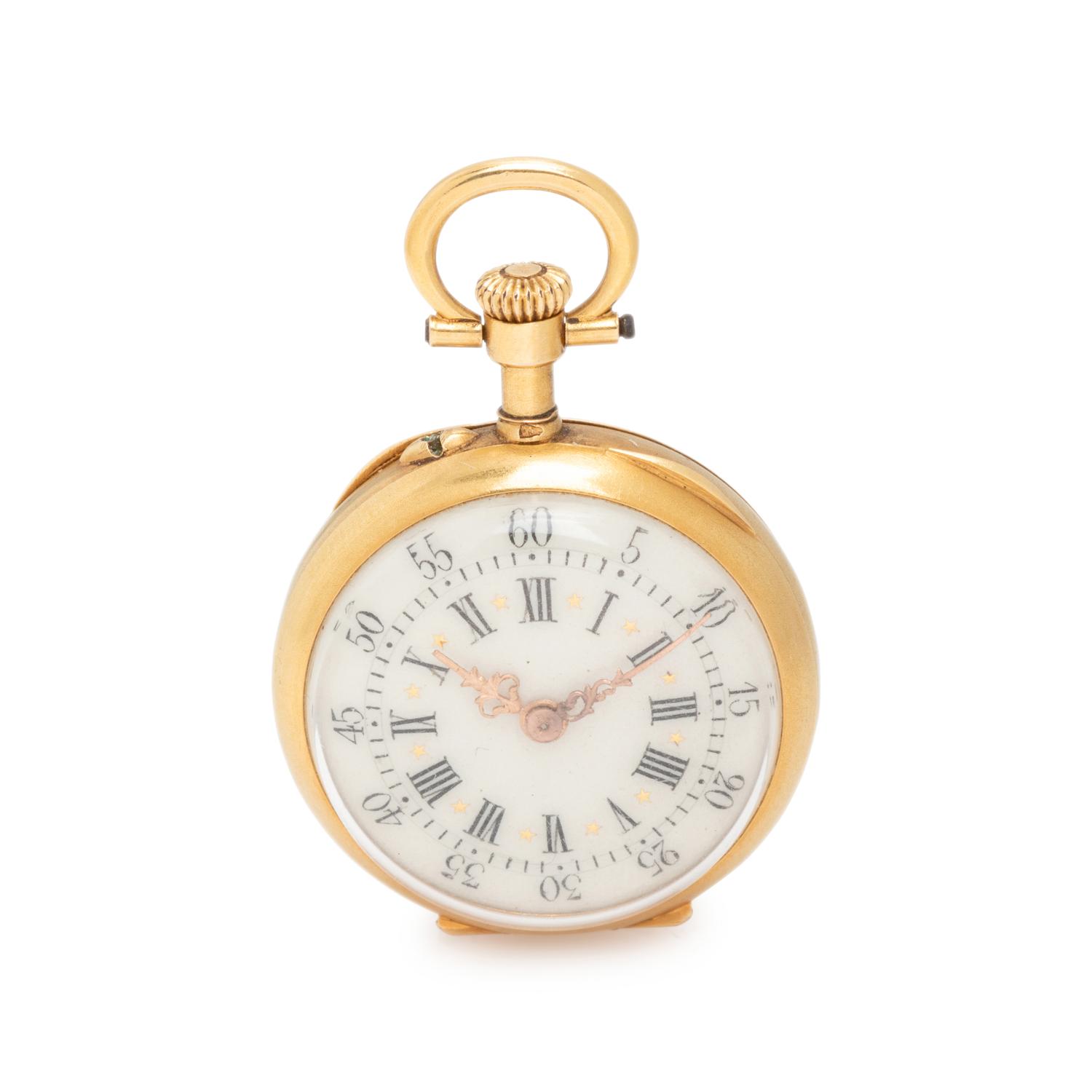 18K YELLOW GOLD, RUBY AND DIAMOND OPEN FACE POCKET WATCH