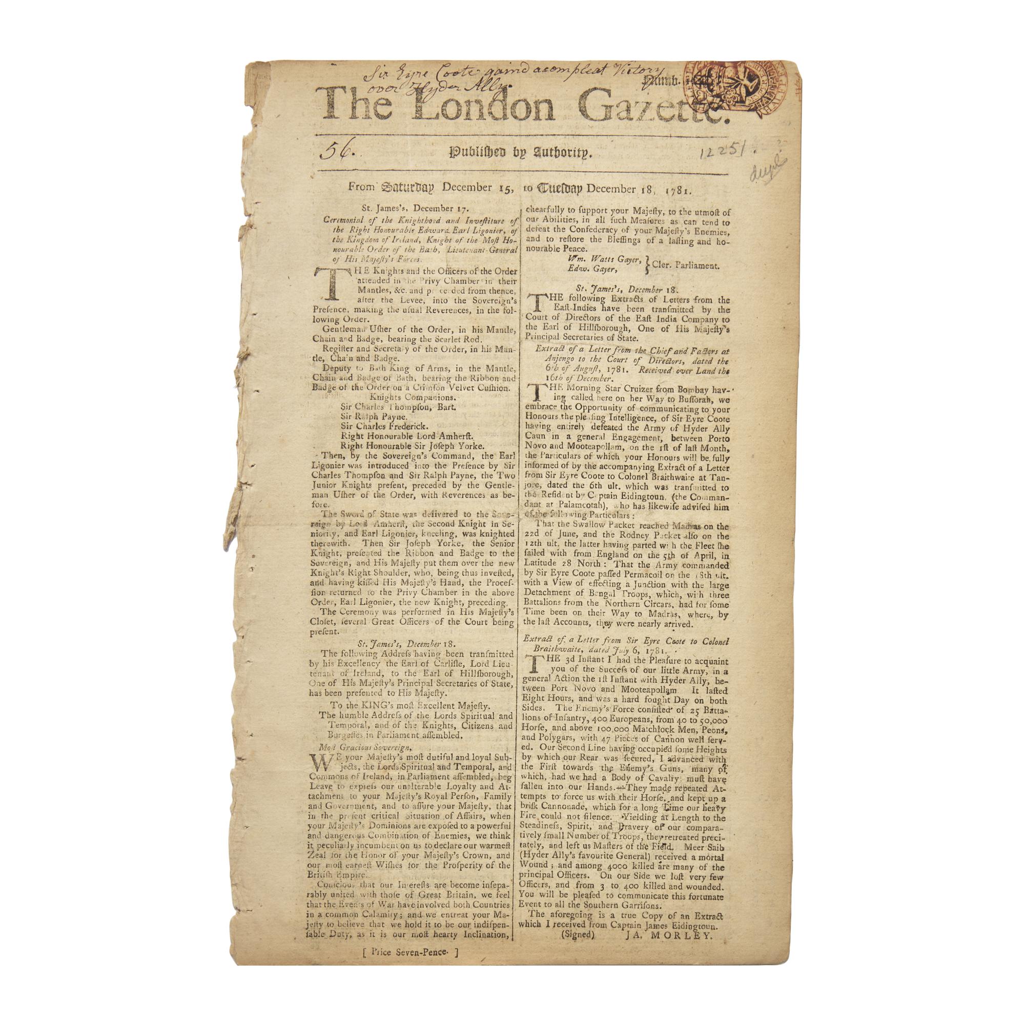 [American Revolution] The English Crown Reports Lord Cornwallis’s Surrender at Yorktown