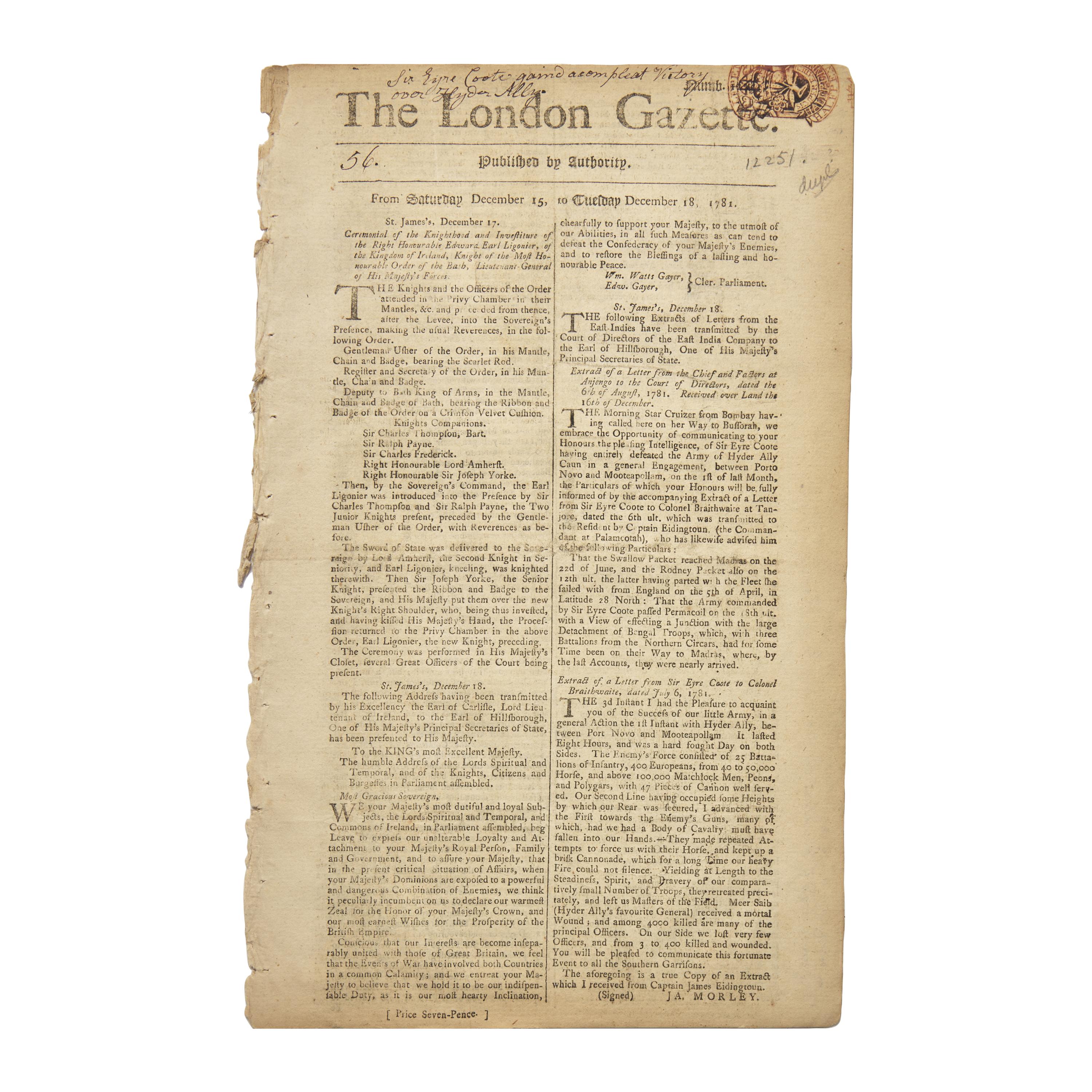 [American Revolution] The English Crown Reports Lord Cornwallis’s Surrender at Yorktown