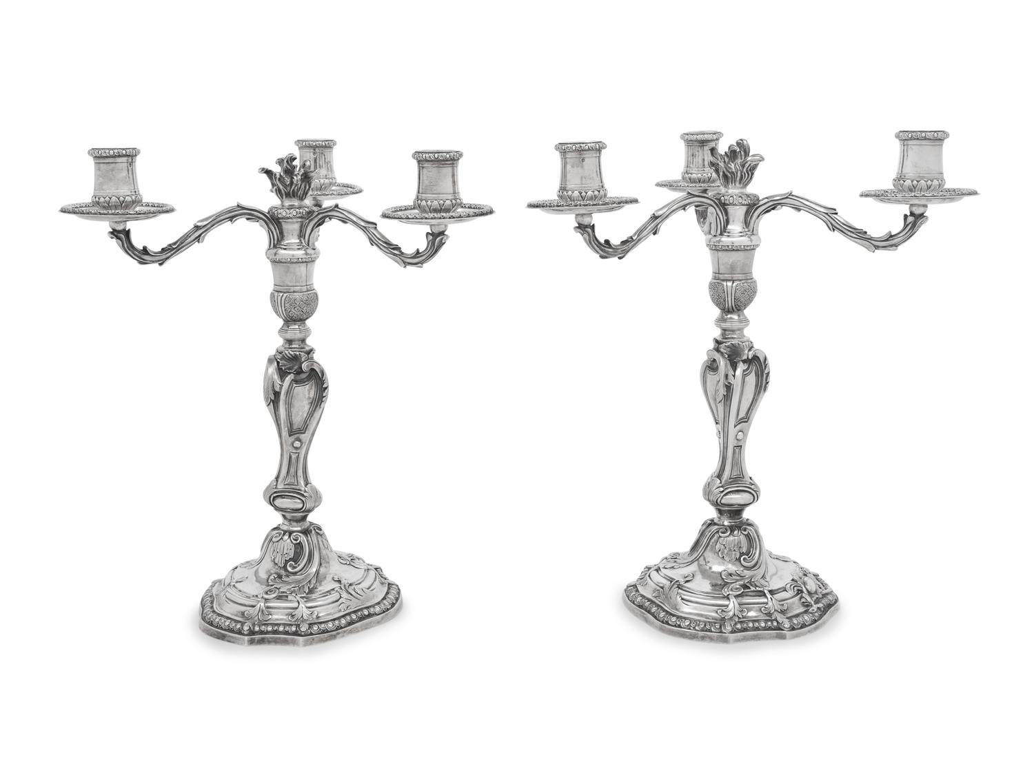 A Pair of Puiforcat Silver Three-Light Candelabra