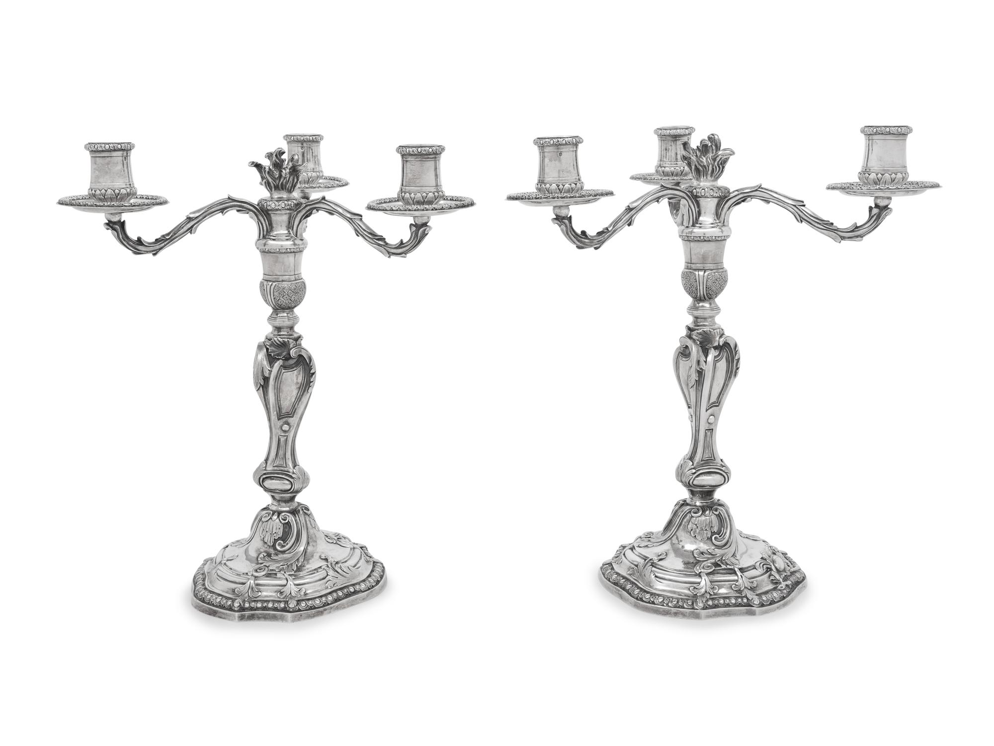 A Pair of Puiforcat Silver Three-Light Candelabra