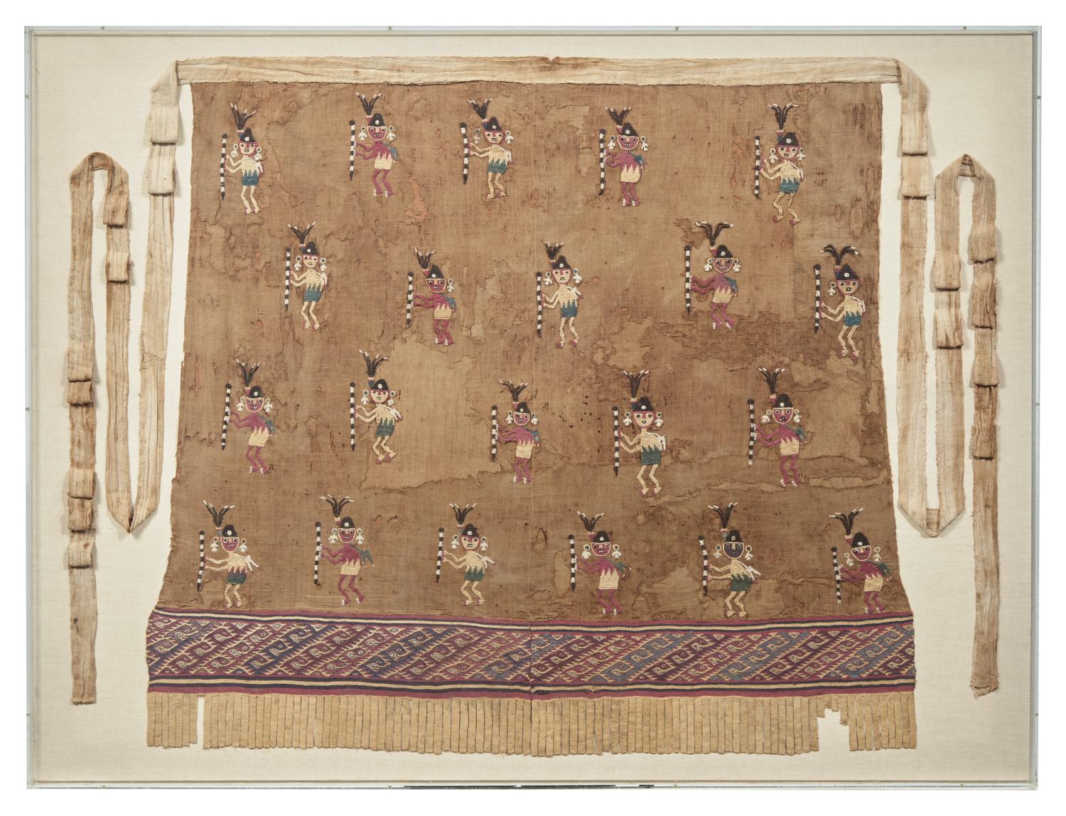A Huari Pativilca Embroidered Breechcloth Section with Staff-Bearing Warriors