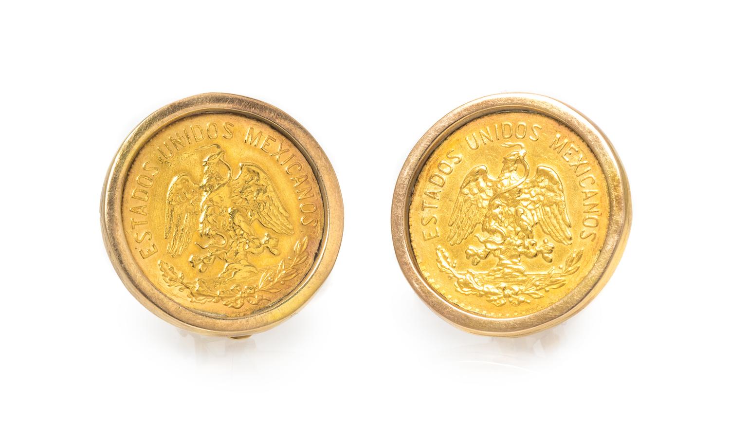 A Pair of Yellow Gold and Mexican Gold Coin Earclips, 8.50 dwts.