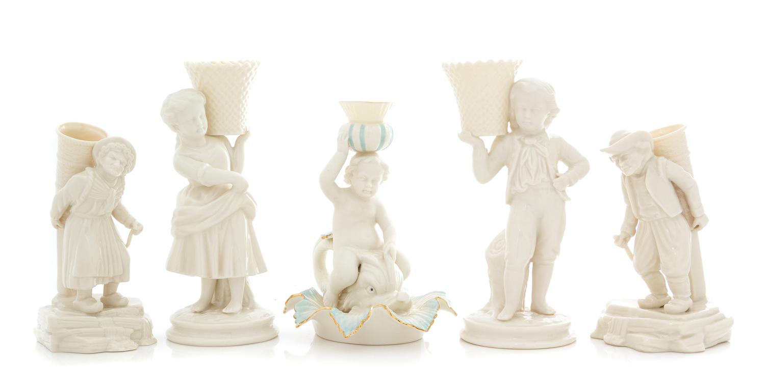 Five Belleek Figural Articles Height of tallest 8 5/8 inches. — SIXTH GREEN MARK AND SEVENTH GOLD MARK (1965-1993)
