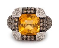 CITRINE, DIAMOND AND COLORED DIAMOND RING