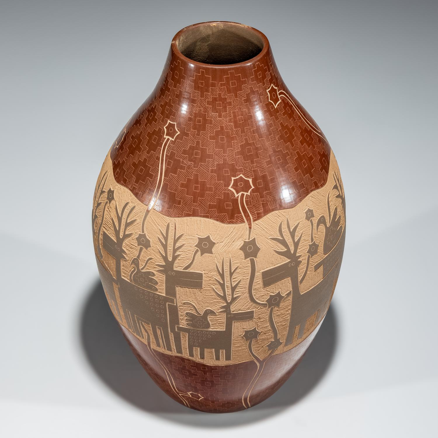 Redware Pottery Jar, with Sgraffito Deer and Parrots
