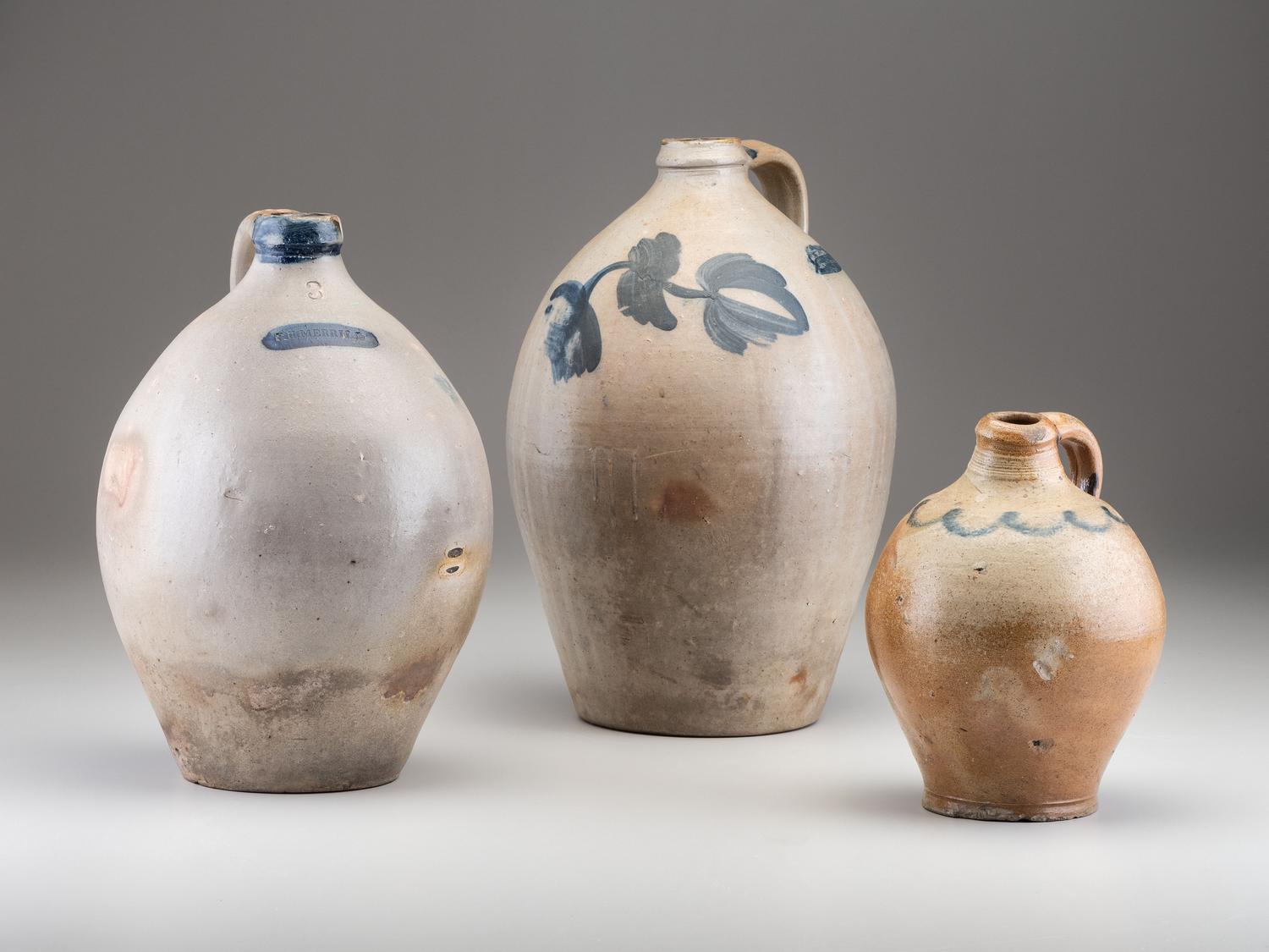 Three Cobalt Decorated Stoneware Jugs