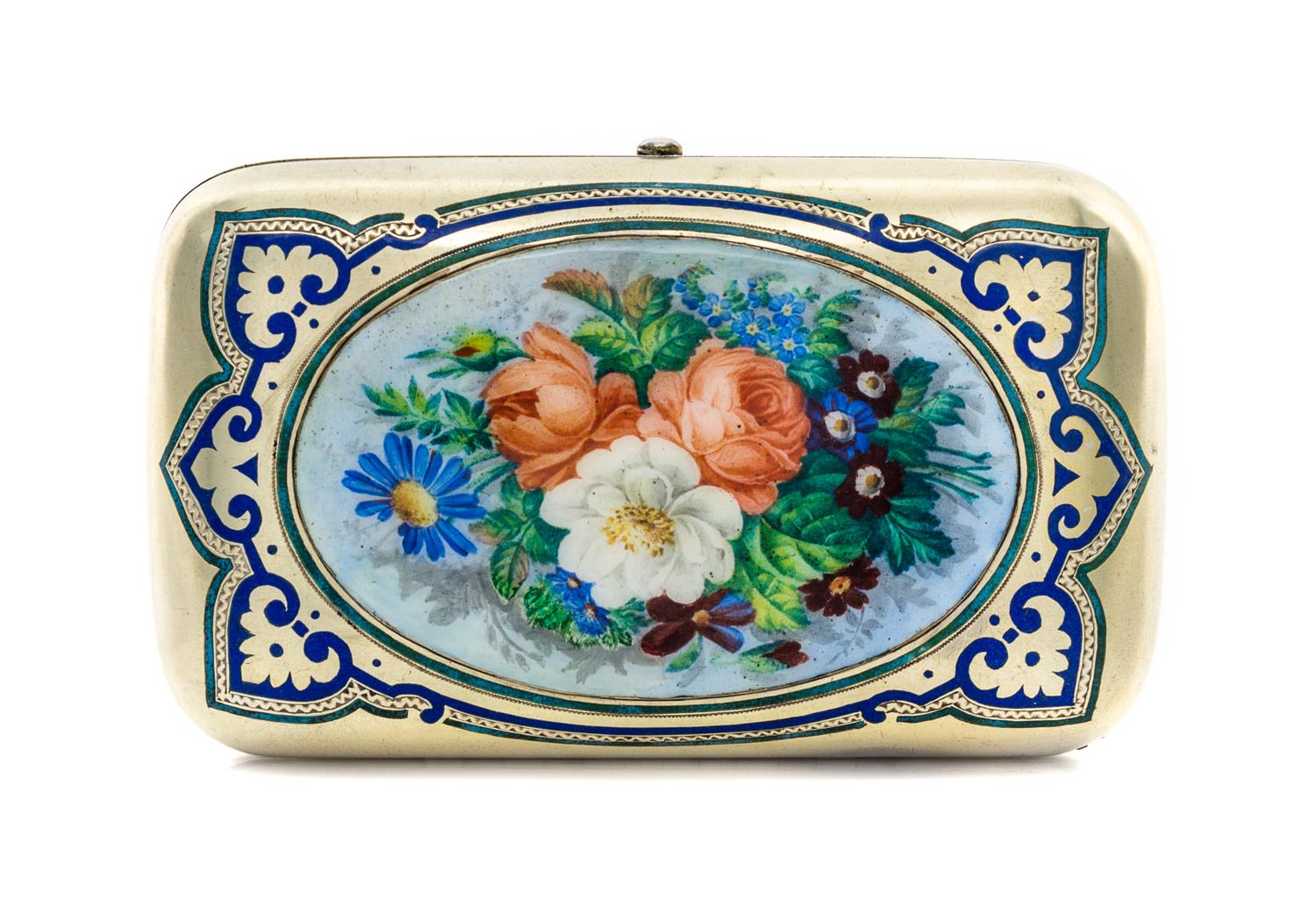 A Russian Silver-Gilt and En Plein Enamel Cigarette Case, Mark of Aleksandr Mukhin, assay mark obscured, Moscow, 1879, the lid centered