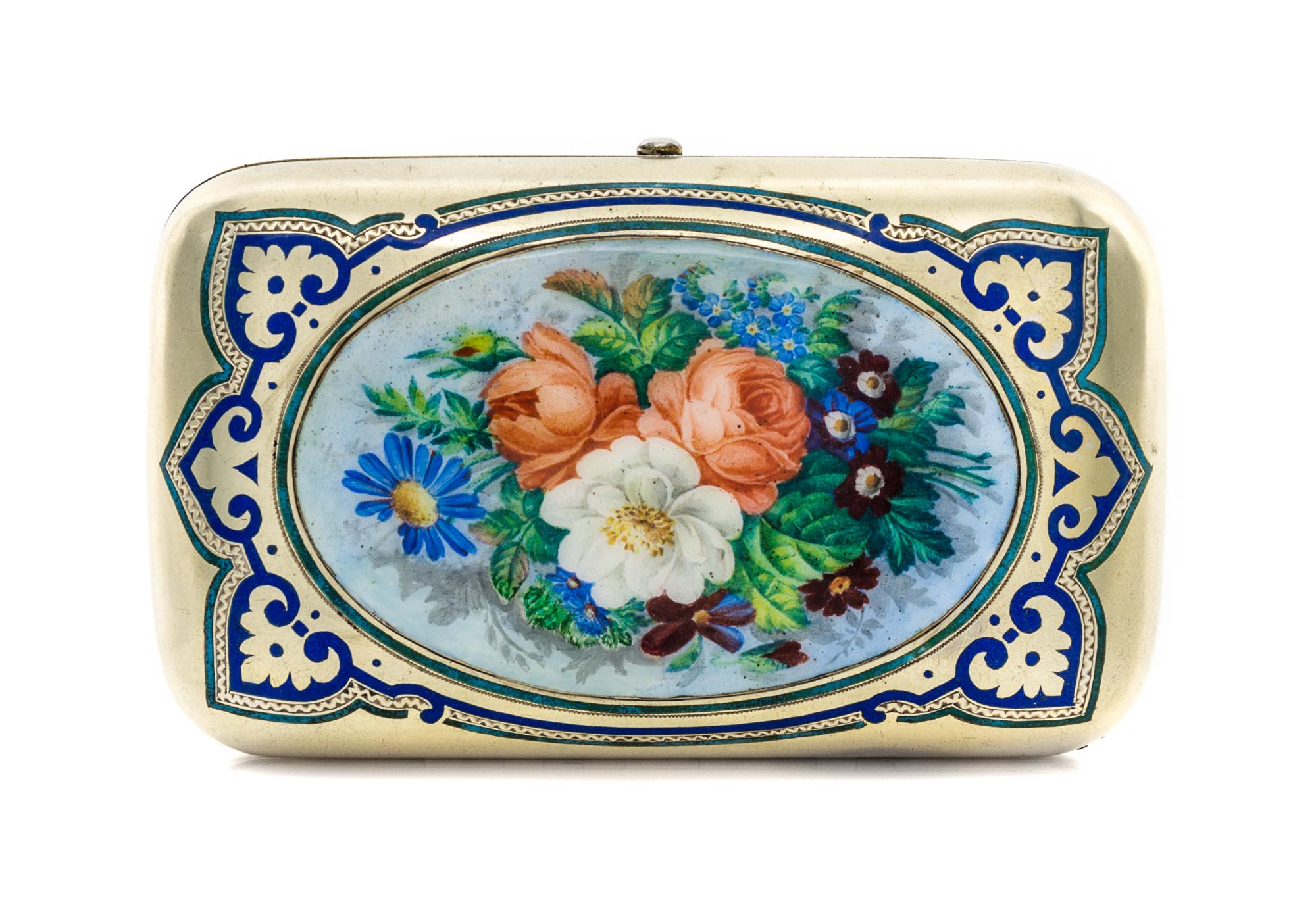 A Russian Silver-Gilt and En Plein Enamel Cigarette Case, Mark of Aleksandr Mukhin, assay mark obscured, Moscow, 1879, the lid centered