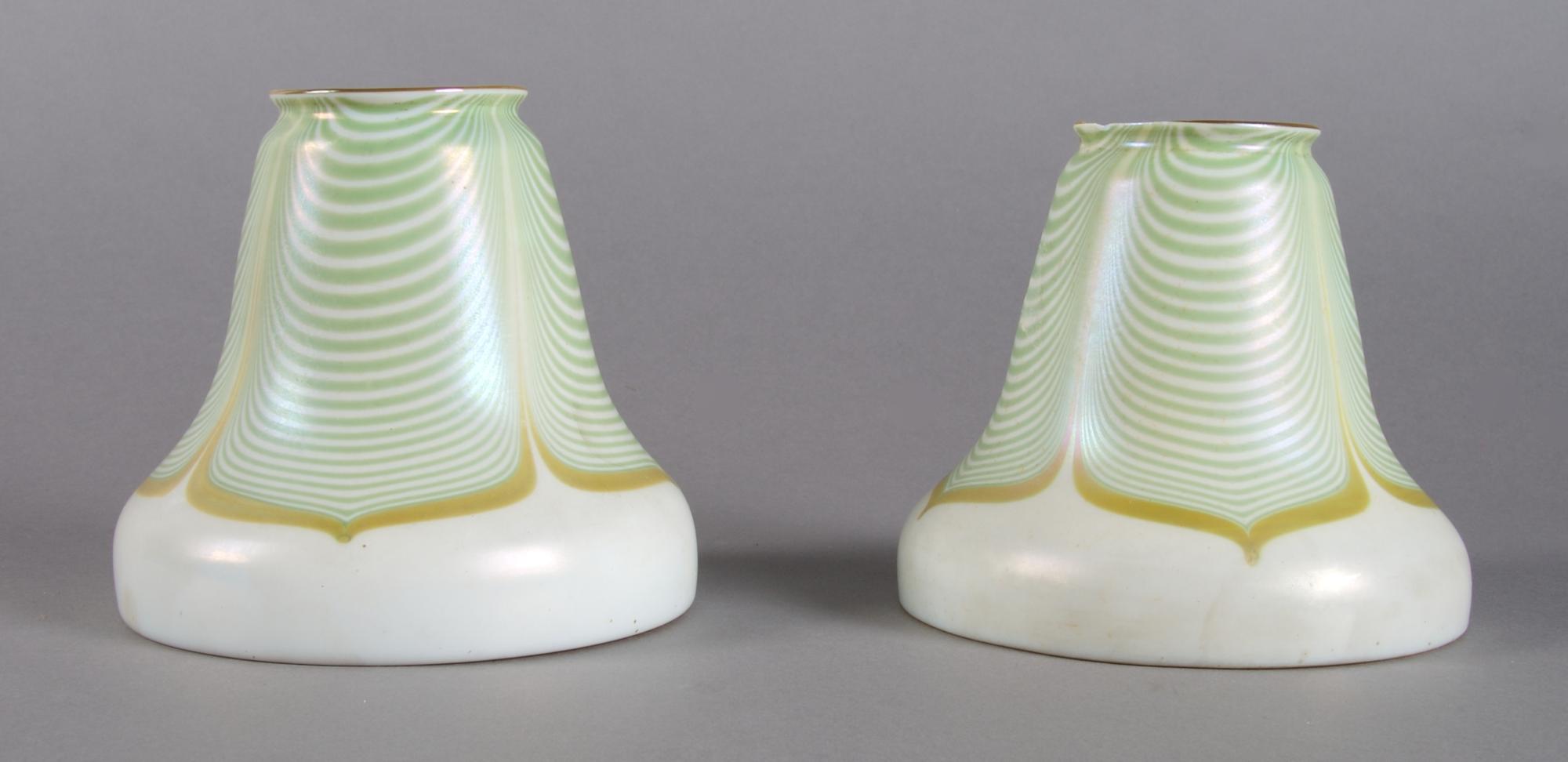 A Pair of Iridescent Glass Shades, Quezal or Steuben, Height 4 1/4 inches.