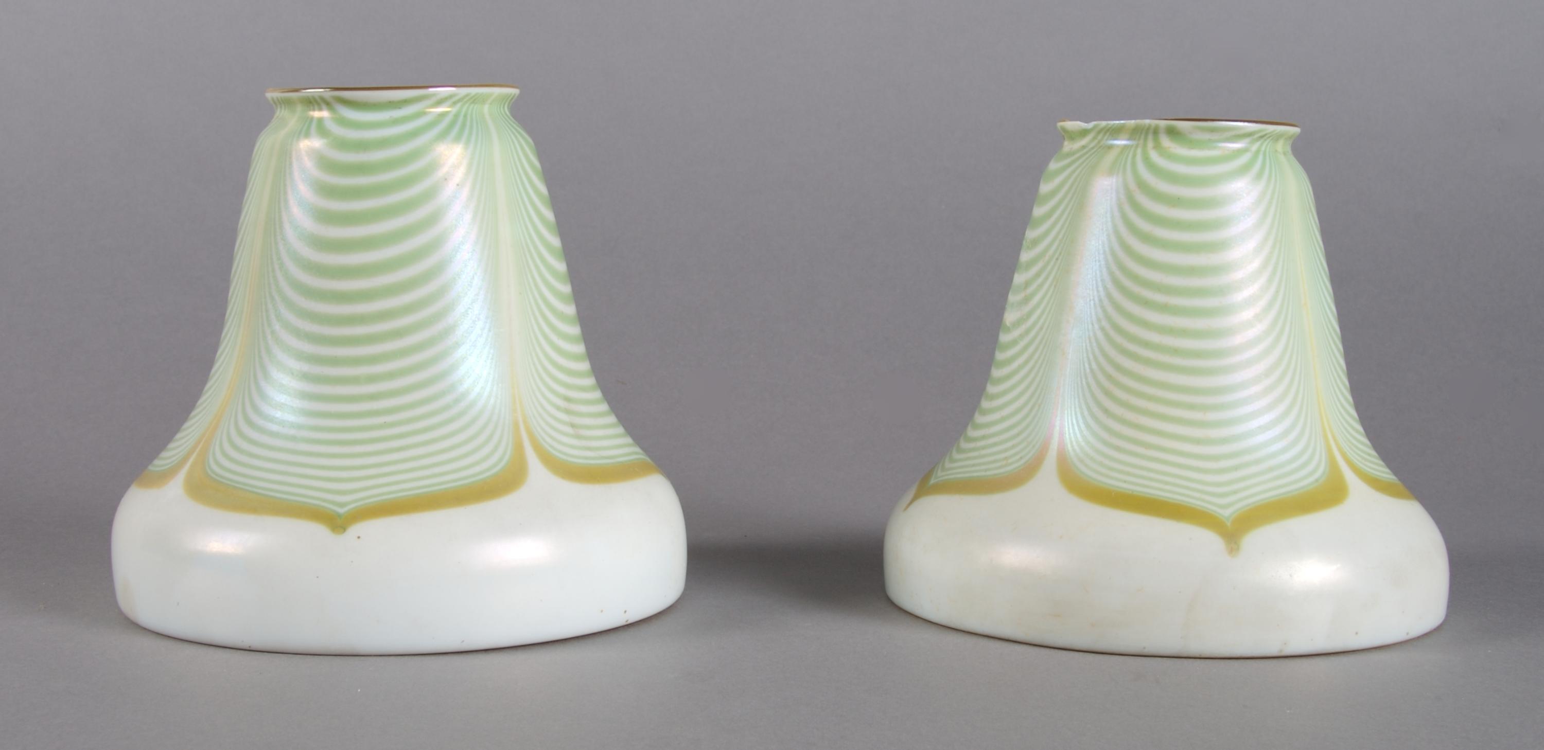 A Pair of Iridescent Glass Shades, Quezal or Steuben, Height 4 1/4 inches.