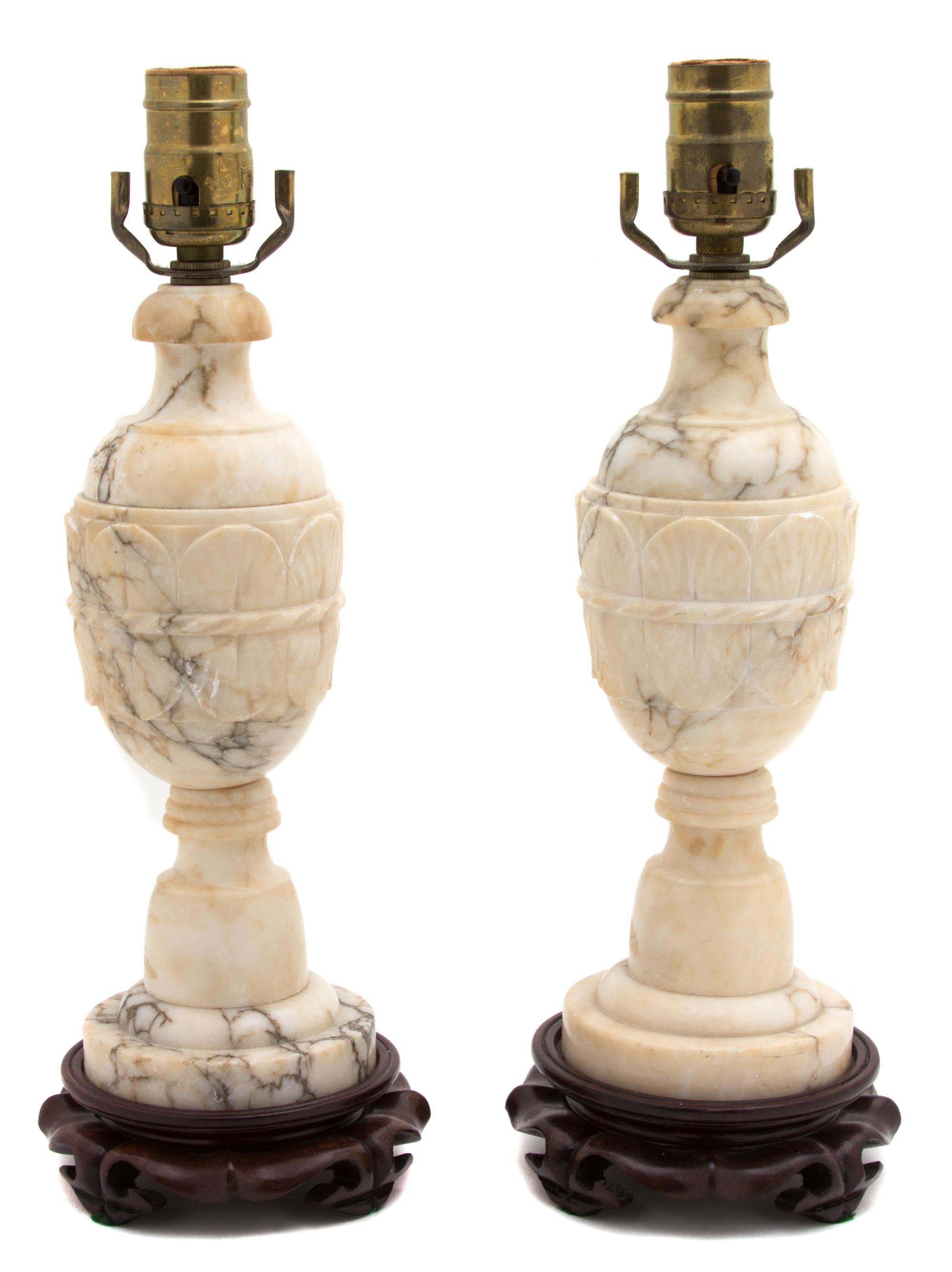 A Pair of Carved Onyx Table Lamps Height 10 inches.