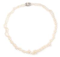 A Double Strand Cultured Pearl Necklace with White Gold and Diamond Clasp, 66.20 dwts.