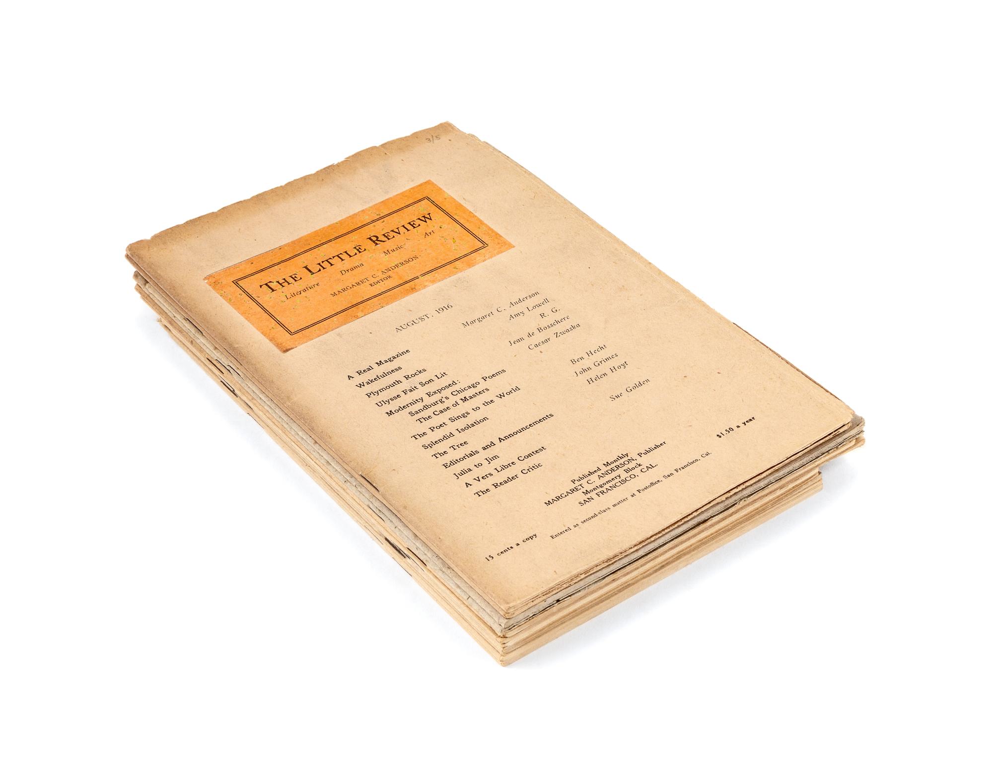[THE LITTLE REVIEW]. ANDERSON, Margaret, editor. POUND, Ezra, editor. HEAP, Jane, editor. The Little Review . Vol. I, No. 1 through Vol. XII, No. 2. Chicago, New York, and Paris: 1914-1929.