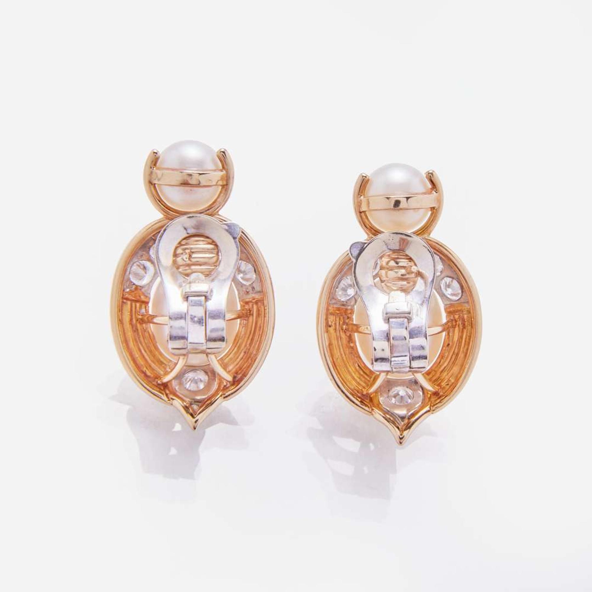 A Pair of Pearl, Diamond, and 14K Gold Earrings