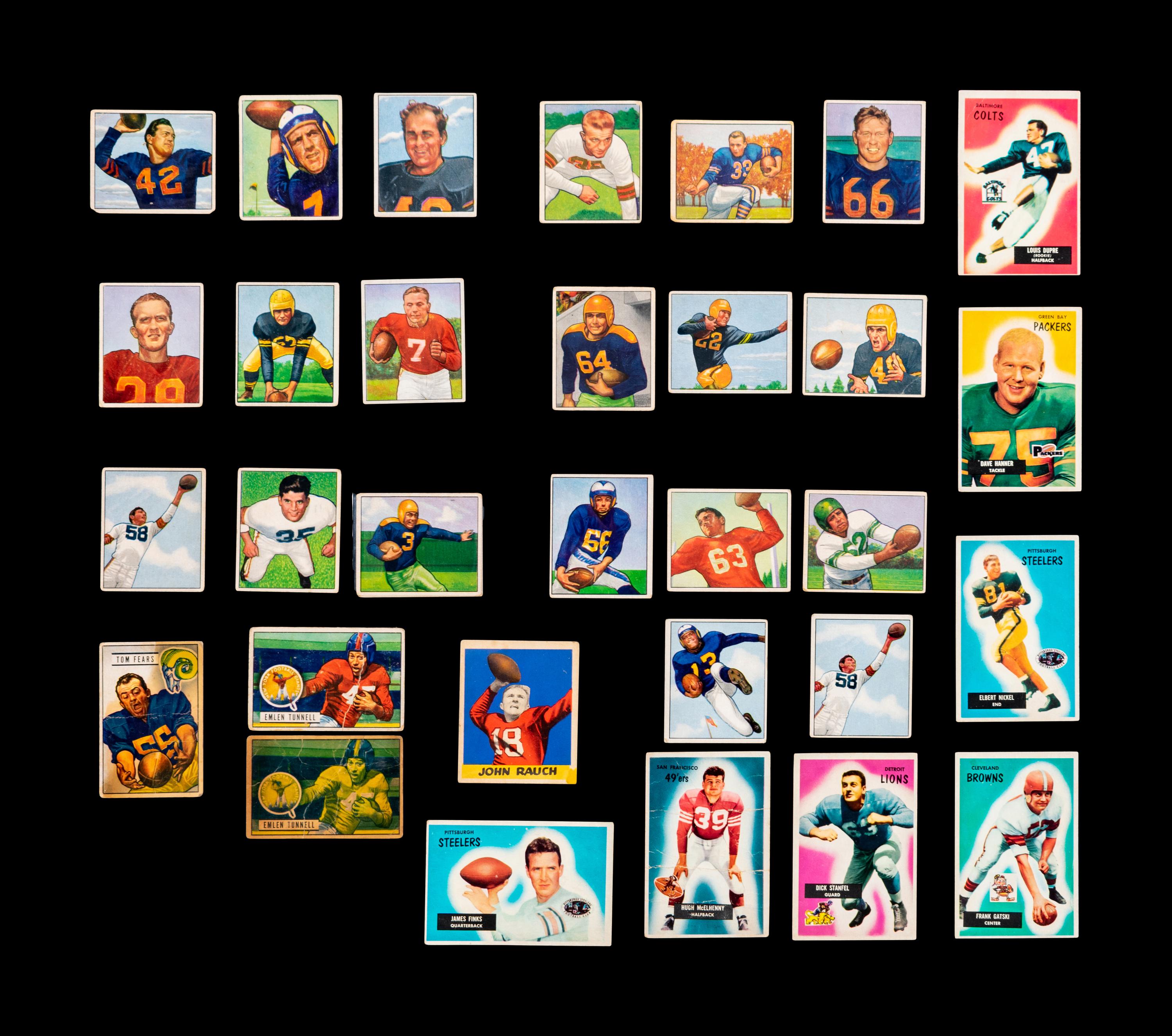 A Group of 31 Bowman and Leaf Post War Football Cards (Including Sid Luckman, Bob Waterfield and Clyde Bulldog Turner),