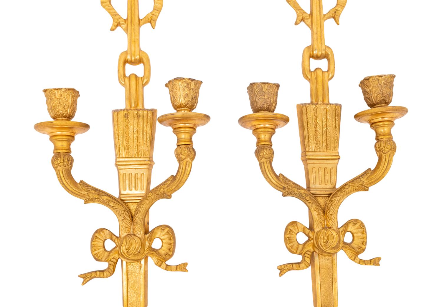 A Pair of Neoclassical Style Gilt Metal Two-Light Sconces