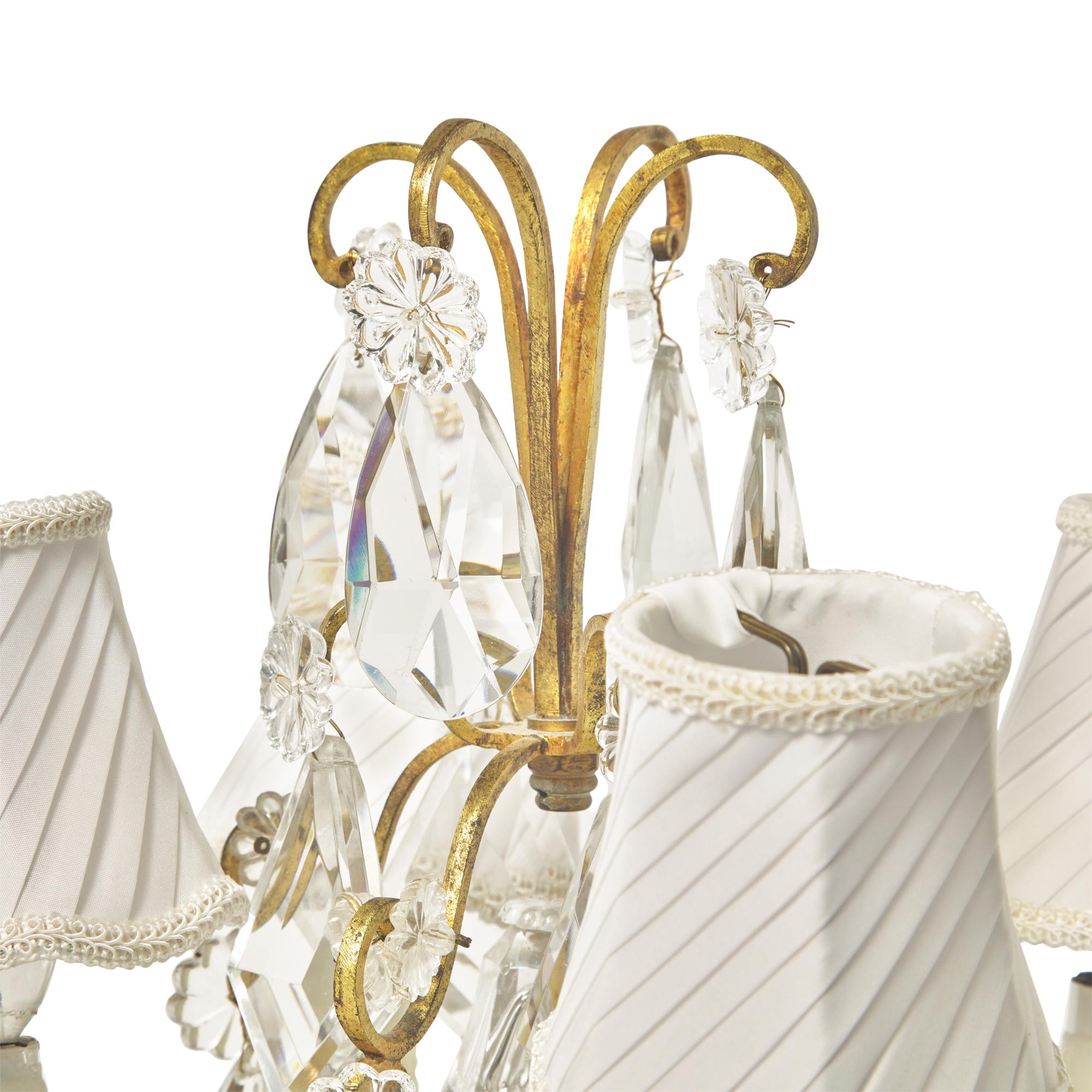 A Pair of Gilt-Metal and Pressed-Glass Four-Light Candelabra-Form Lamps
