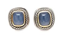 A Pair of Sterling Silver, 14 Karat Yellow Gold and Blue Chalcedony 'Noblesse' Earclips, David Yurman, 12.70 dwts.