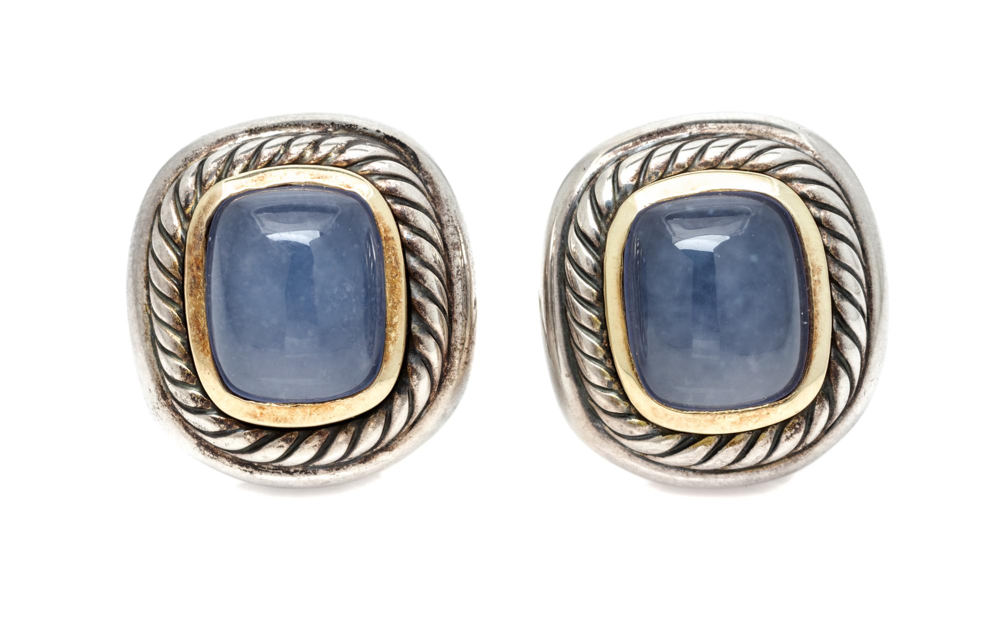 A Pair of Sterling Silver, 14 Karat Yellow Gold and Blue Chalcedony 'Noblesse' Earclips, David Yurman, 12.70 dwts.