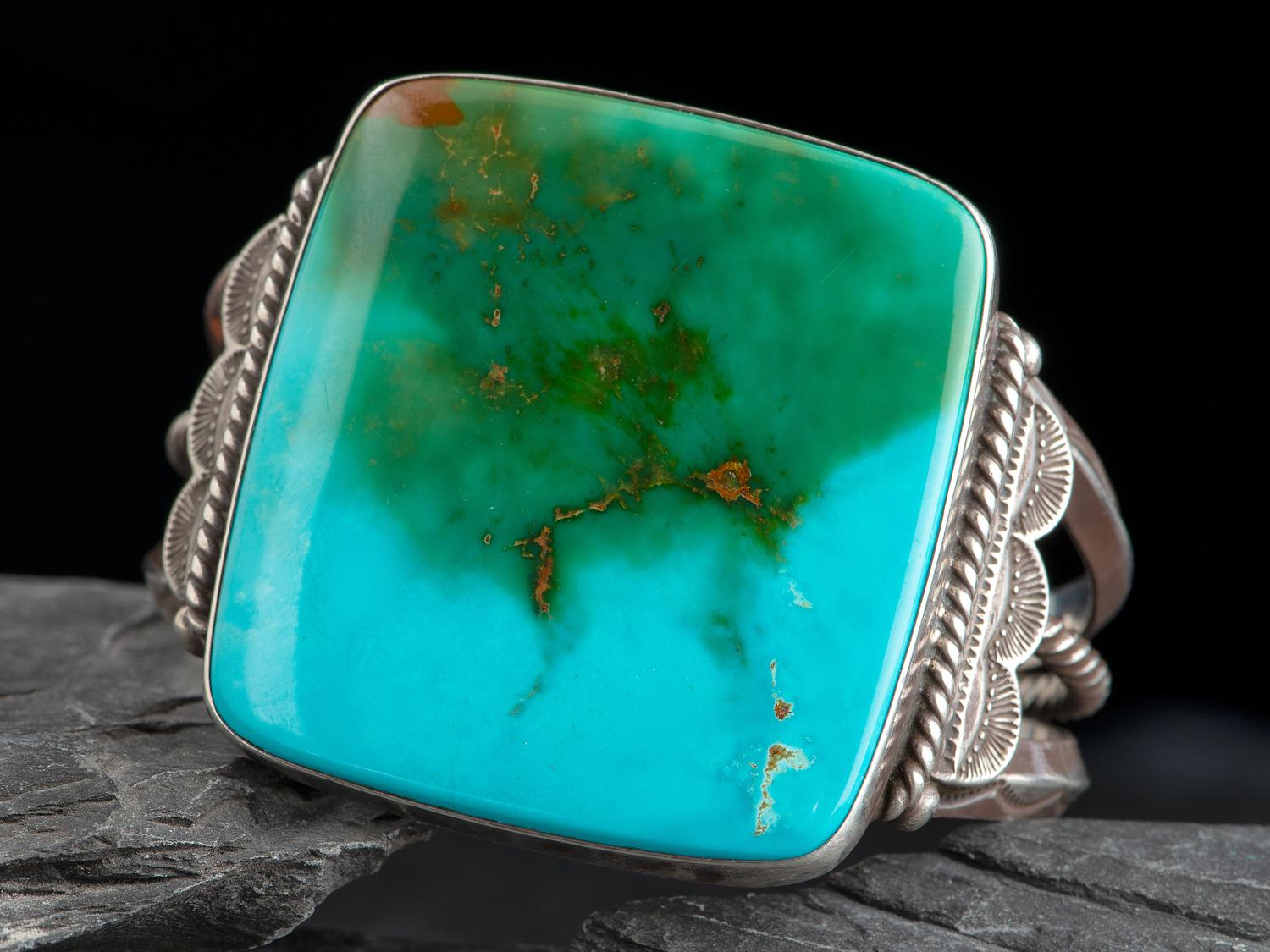 Large Navajo Silver and Blue Gem Turquoise Cuff Bracelet
