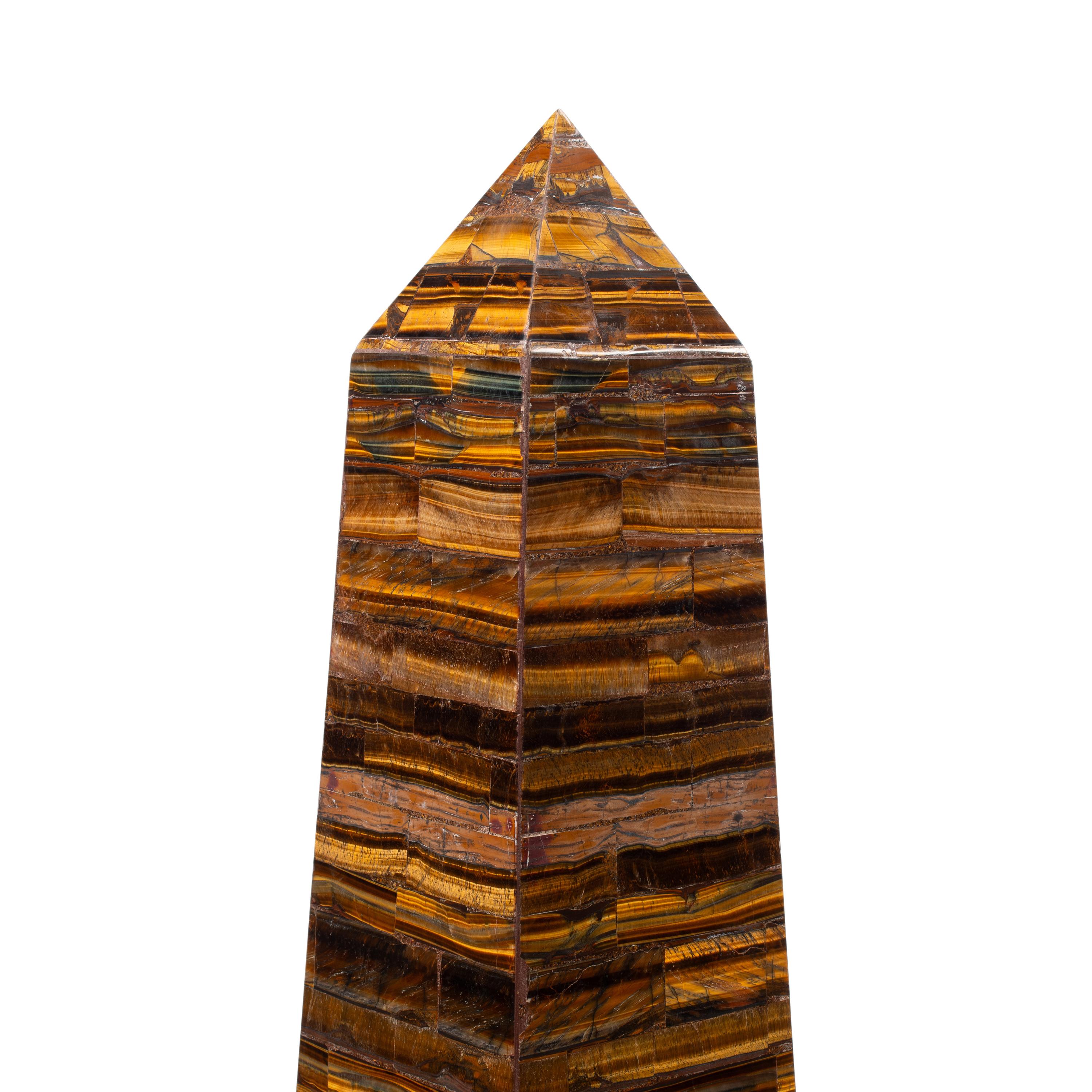 A Pair of Monumental Tiger's Eye Veneered Obelisks