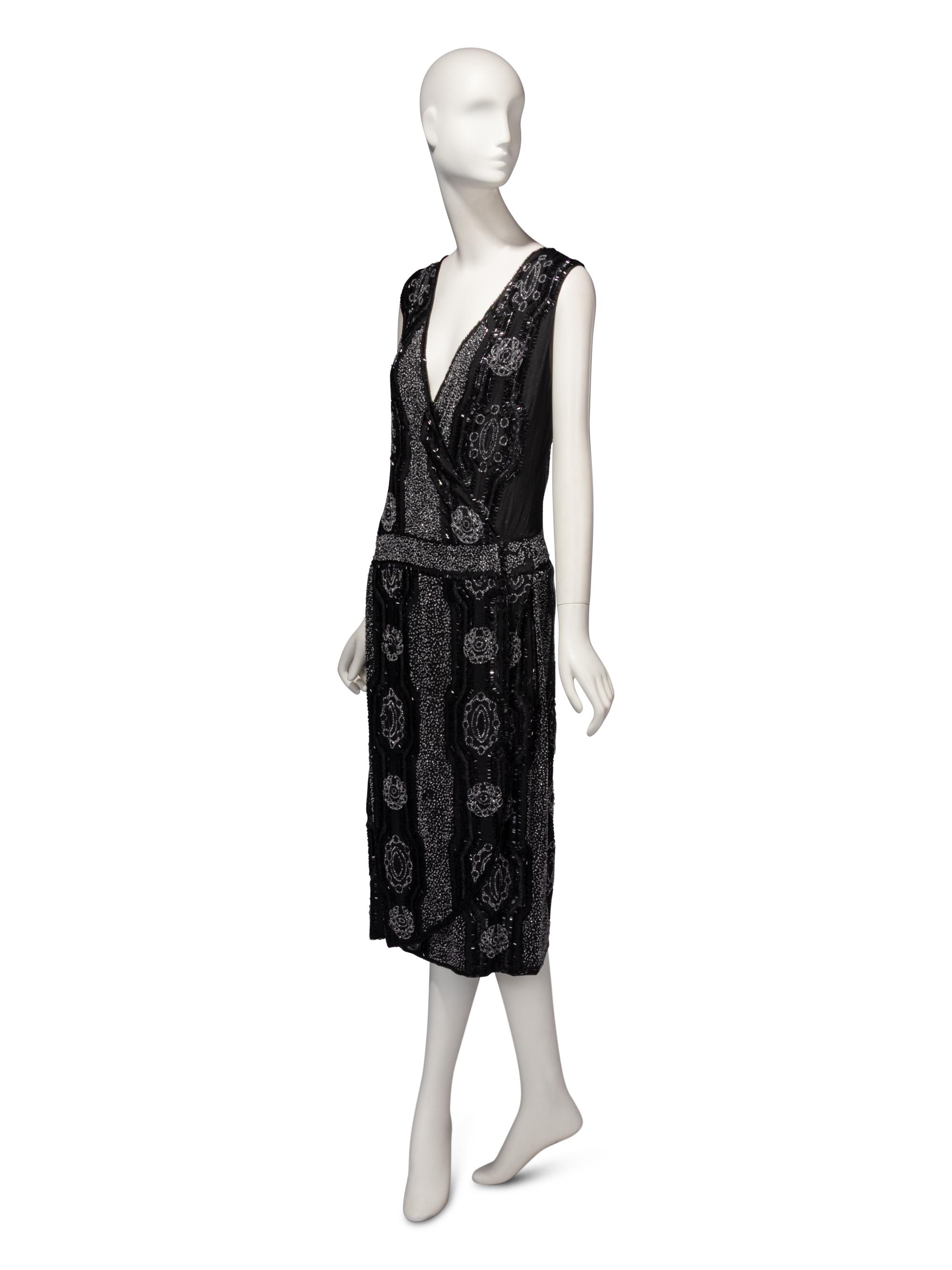 Haute Couture Black Beaded Wrap Dress, c. 1920's