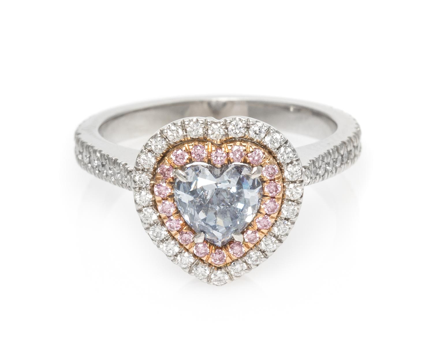 A Platinum, 18 Karat Rose Gold, Fancy Gray-Blue Diamond, Colored Diamond and Diamond Ring, 4.45 dwts.