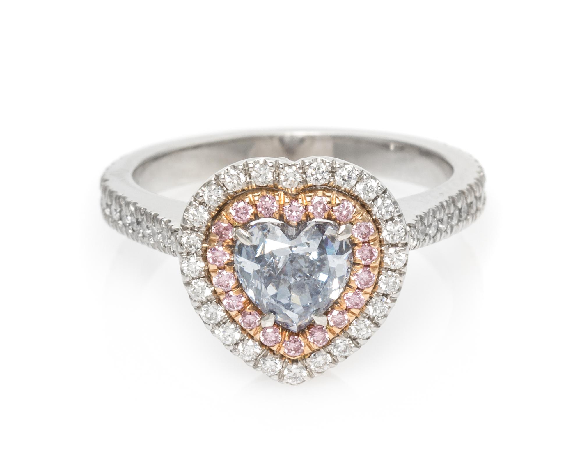 A Platinum, 18 Karat Rose Gold, Fancy Gray-Blue Diamond, Colored Diamond and Diamond Ring, 4.45 dwts.