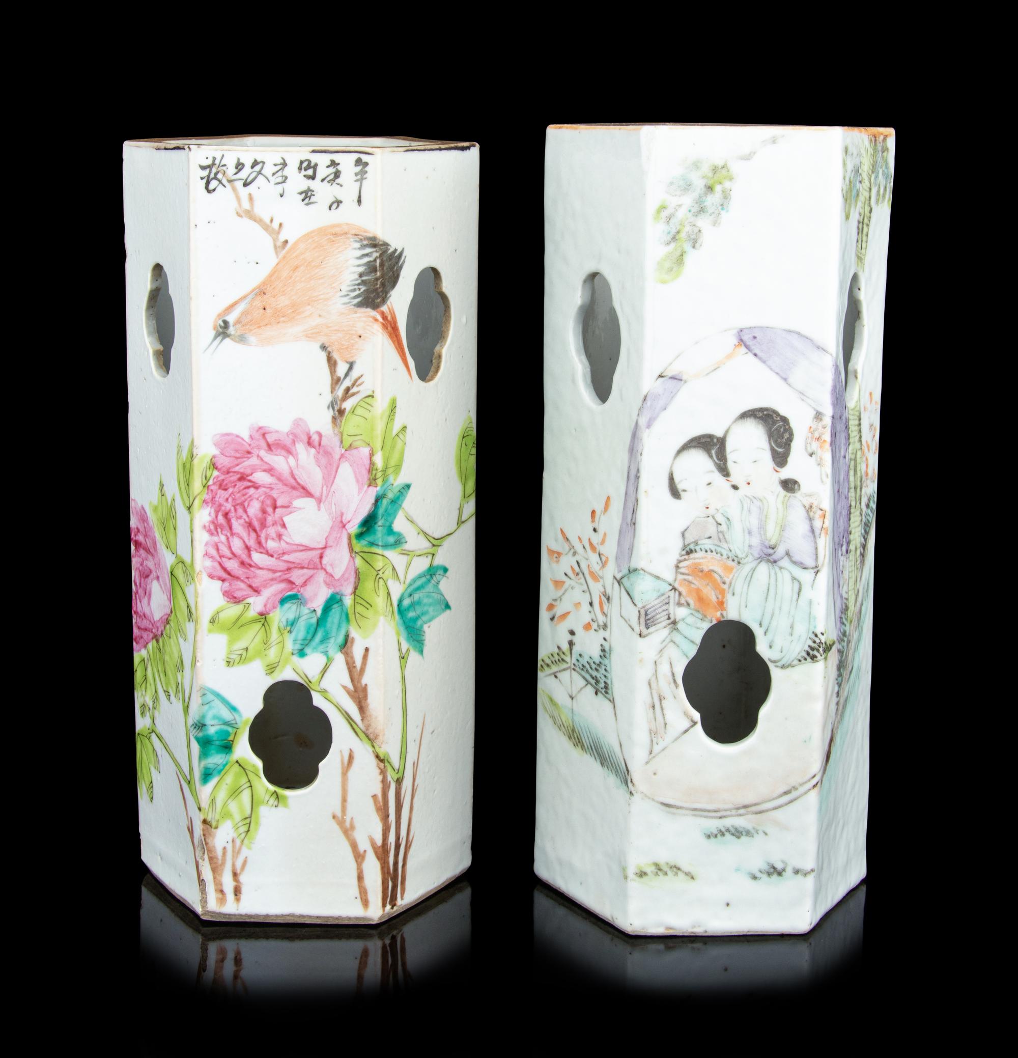 Two Chinese Qianjiang Porcelain Hexagonal Hat Holders